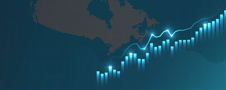 Map of Canada made of dots and a graph in front of it signifying growth.