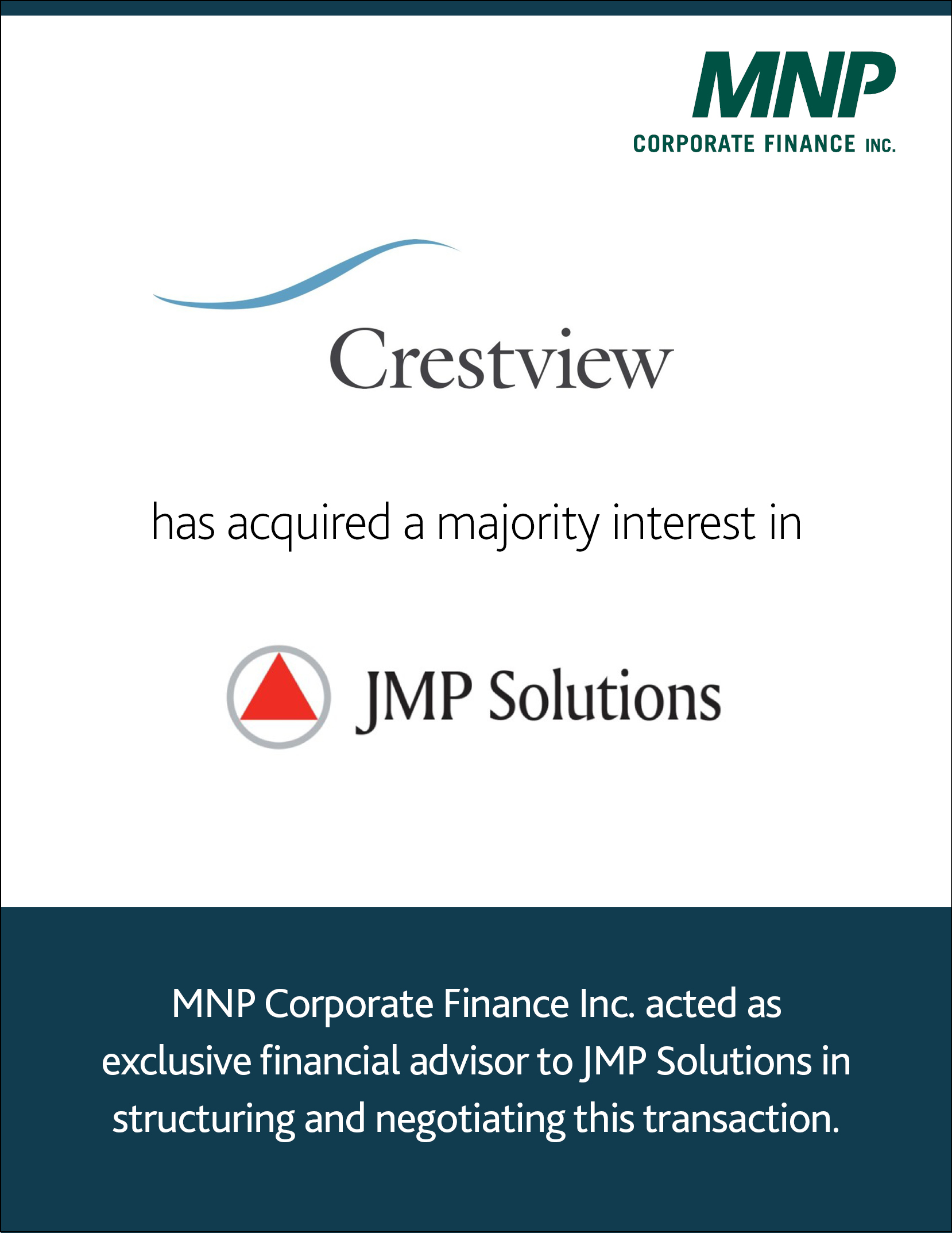 Crestview Partners has acquired a majority interest in JMP Solutions