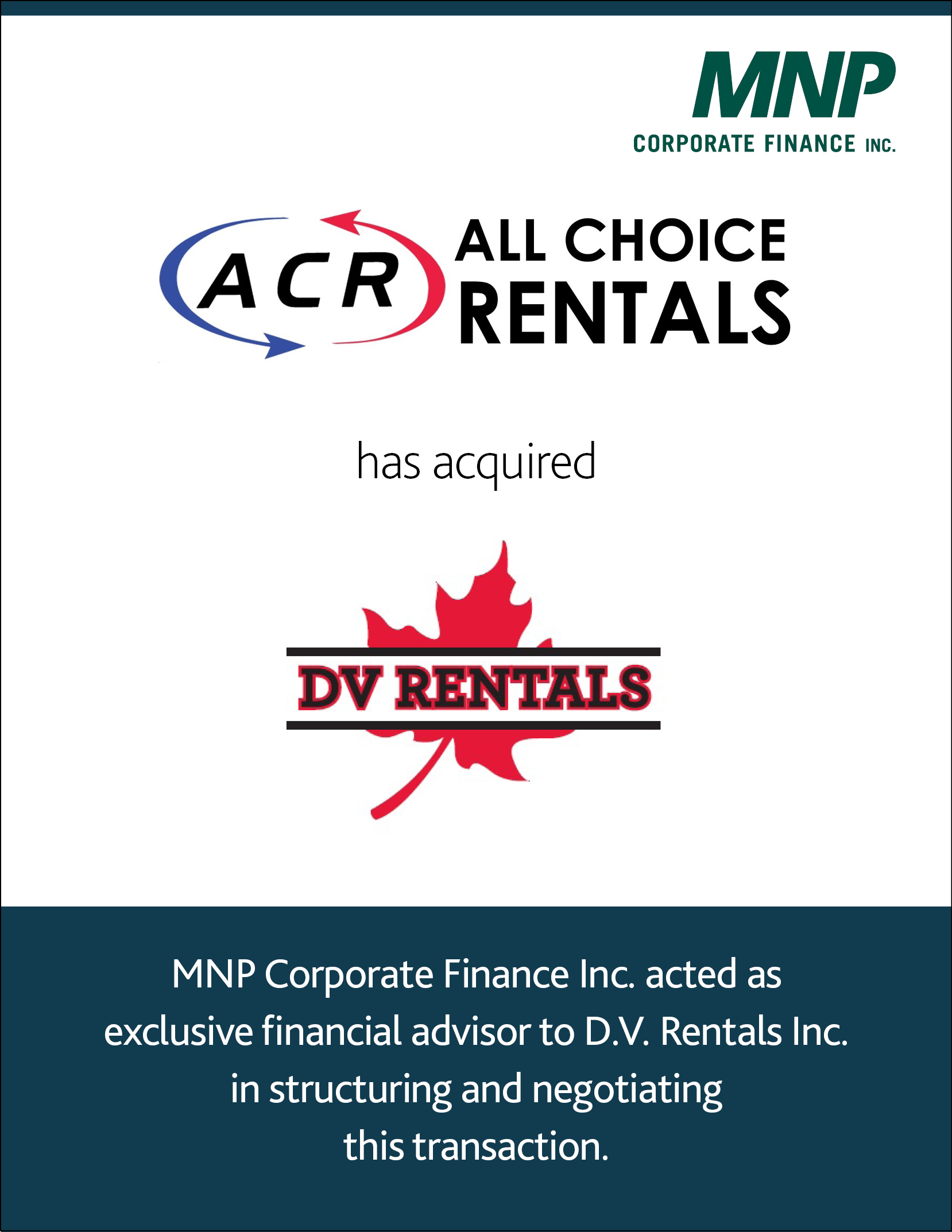 All Choice Rentals Ltd. has acquired D.V. Rentals Inc.