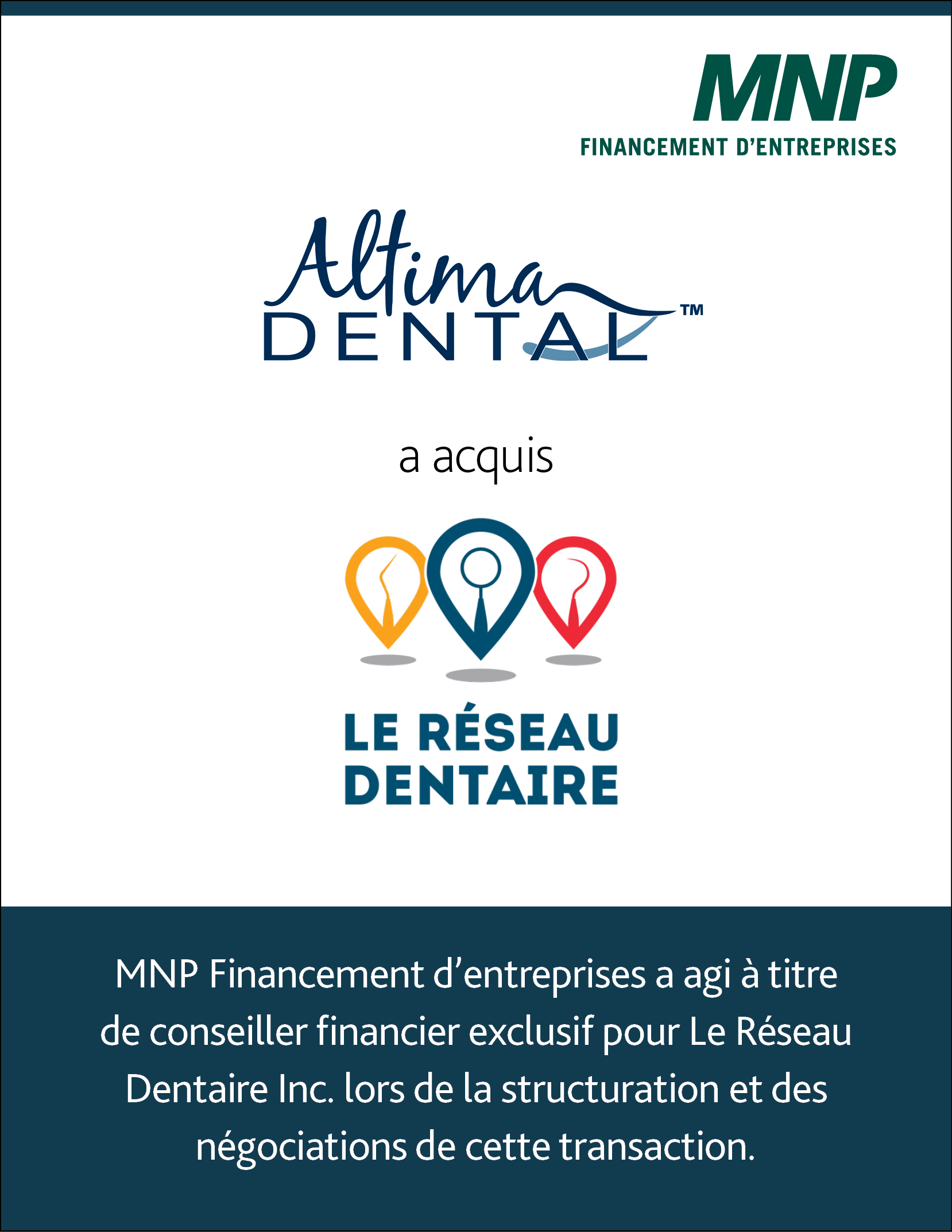 Altima Dental Centers Inc. a acquis Le Réseau Dentaire Inc.