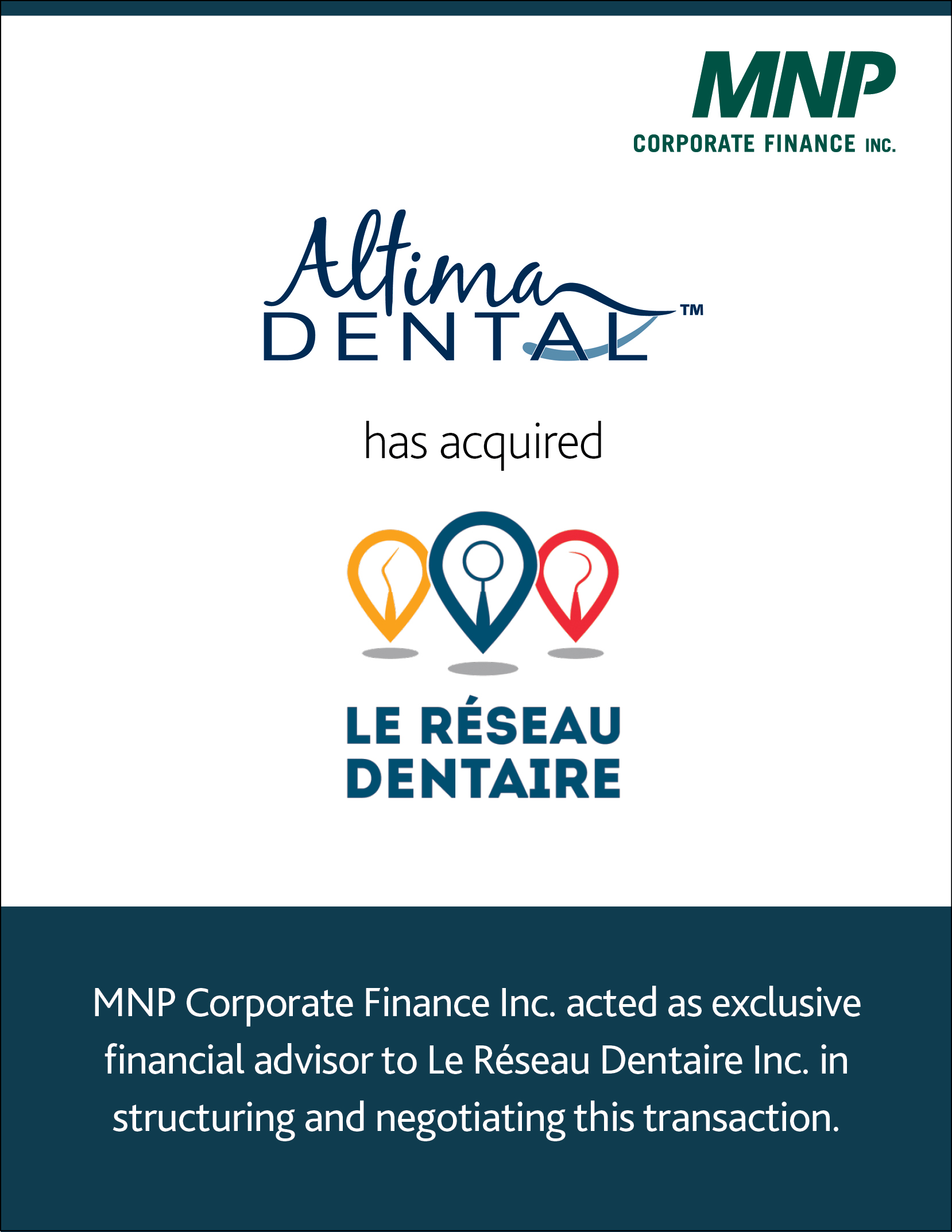 Altima Dental Centers Inc. has acquired Le Réseau Dentaire Inc.