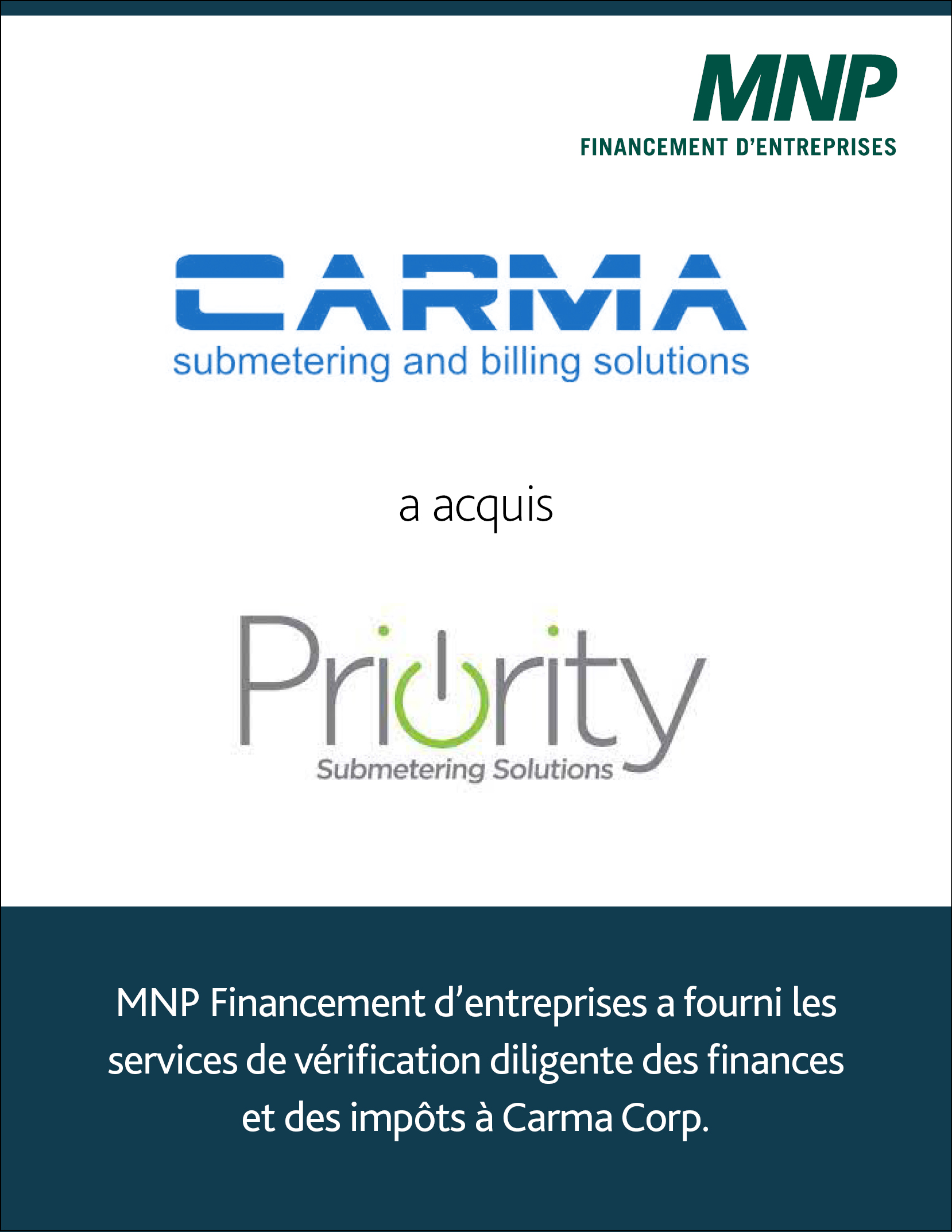 Carma Corp. a acquis Priority Submetering Solutions Inc. et Priority Submetering Solutions, SARL