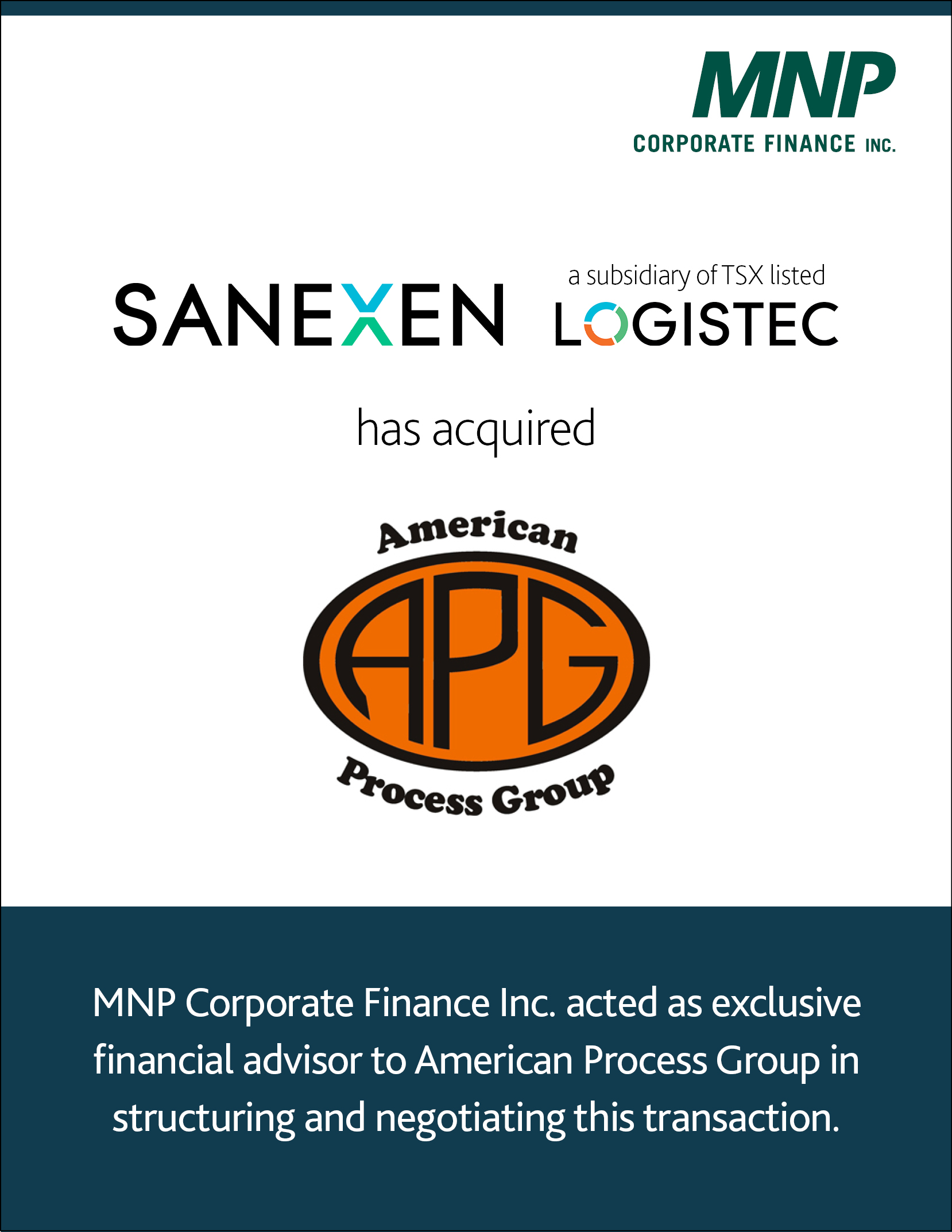 SANEXEN Environmental Services Inc. a subsidiary of TSX listed Logistec has acquired American Process Group
