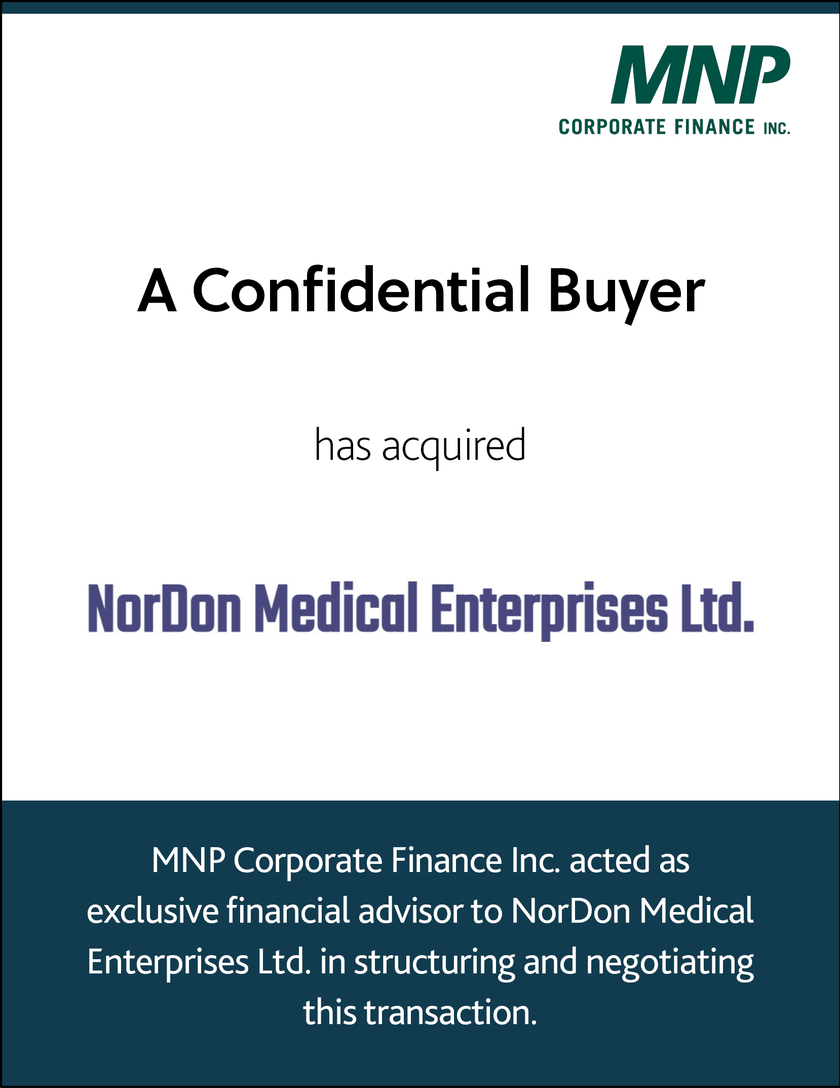 A confidential Buyer has acquired NorDon Medical Enterprises Ltd