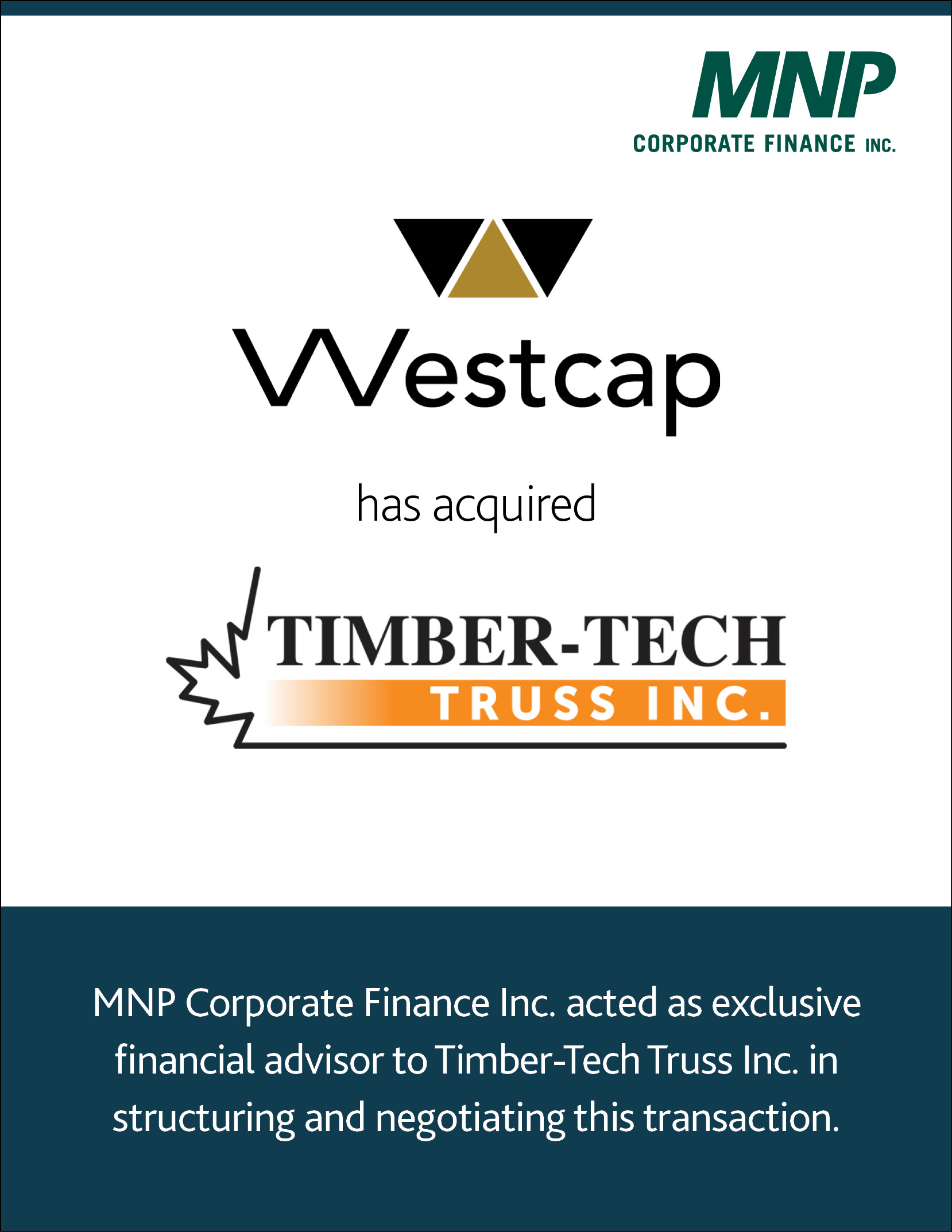 Westcap acquires Timbertech Trust Inc." - A logo of Westcap, a financial company, with the text "Timbertech Trust Inc." underneath.