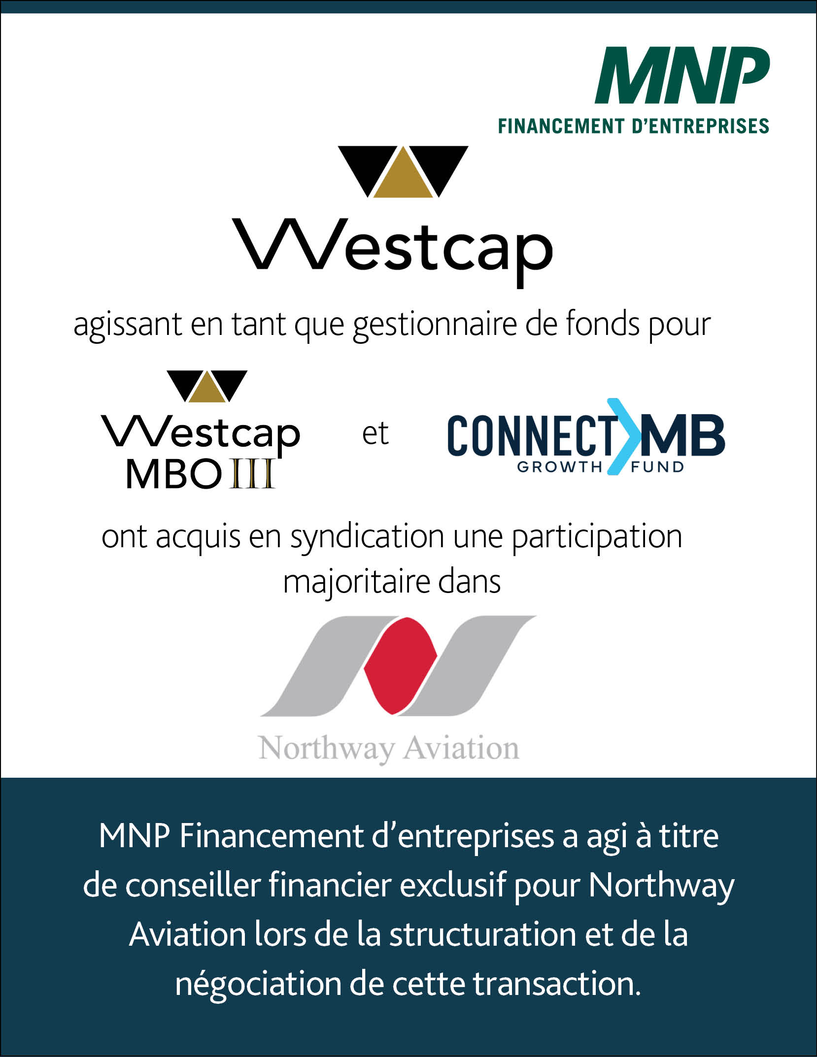 Westcap, agissant en tant que gestionnaire de fonds pour Westcap MBO III et Connect MB, a acquis une participation majoritaire dans Northway Aviation.