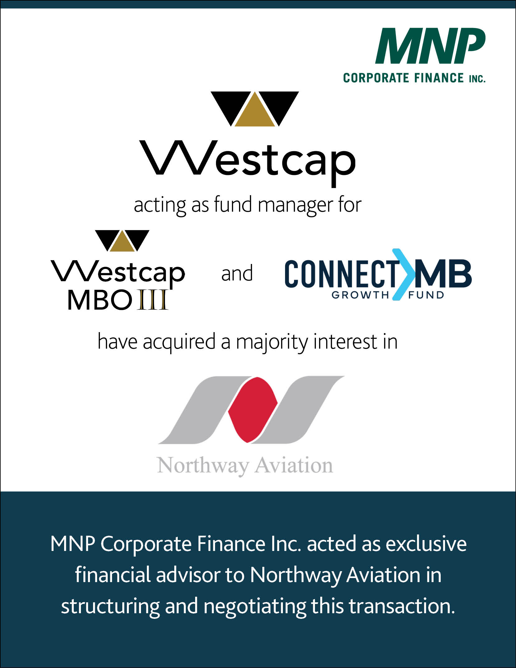 Westcap acting as fund manager for Westcap MBO III and Connect MB have acquired a majority of interest in Northway Aviation.