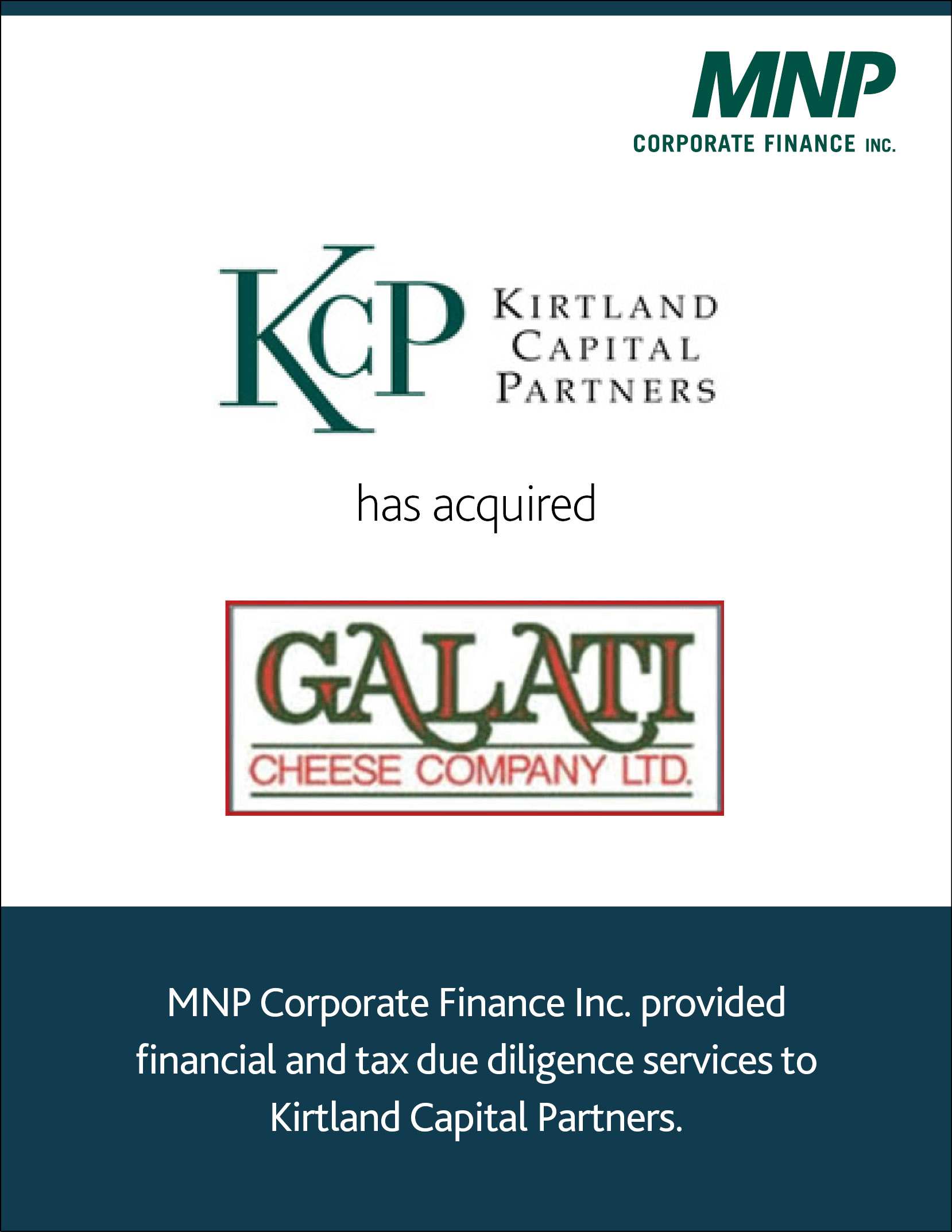 Kirtland Capital Partners has acquired Galati Cheese Company Ltd. MNP