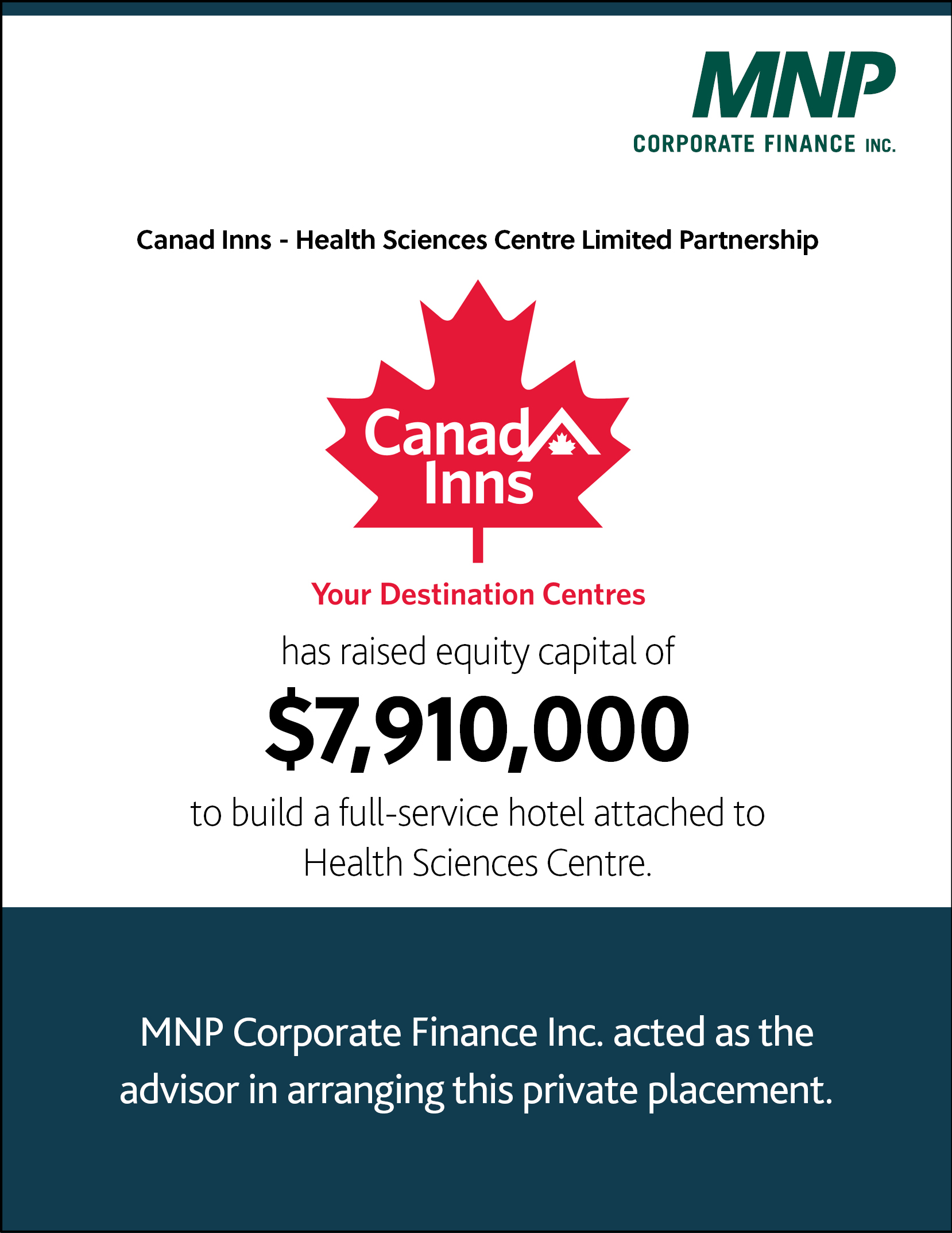 Canad Inns- Health Sciences Centre Limited Partnership has raised equity capital of $7,910,000 to build a full-service hotel attached to Health Sciences Centre 