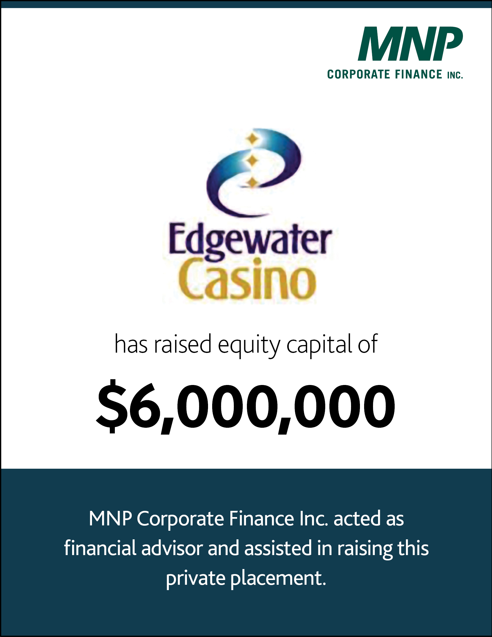 Edgewater Casino has raised equity capital of $6,000,000.