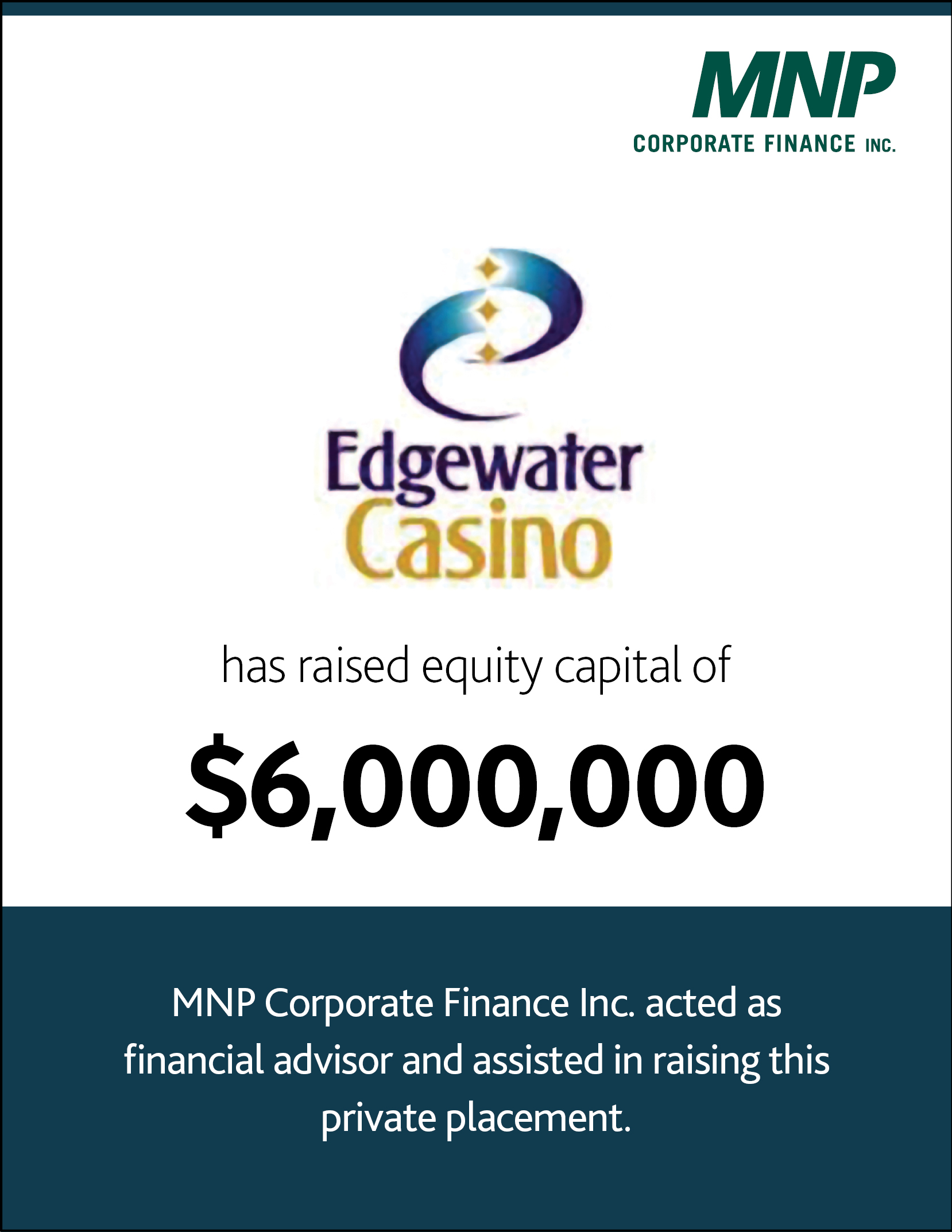 Edgewater Casino has raised equity capital of $6,000,000. 