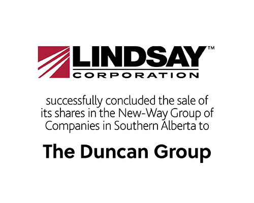 Lindsay Corporation successfully concluded the sale its shares in the New-Way Group of Companies in Southern Alberta to The Duncan Group