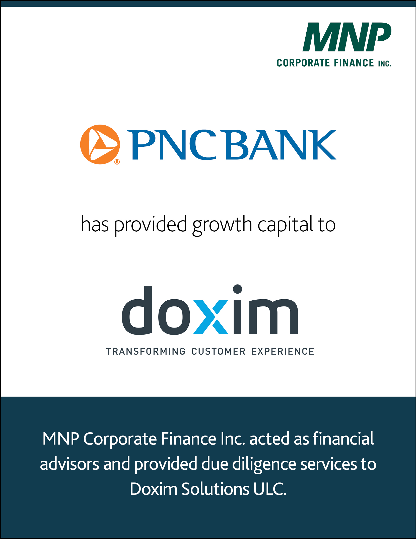 PNC Bank has provided growth Capital to Doxim. 