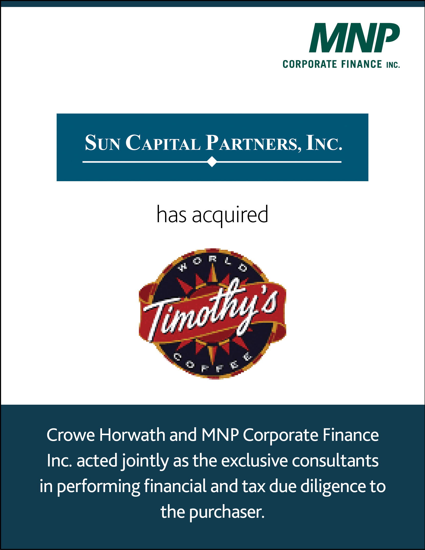Sun Capital Partners Inc. has acquired Timothy's World Coffee. Crowe Horwath and MNp Corporate Finance Inc. acted jointly as the exclusive consultants in performing financial and tax due diligence to the purchaser