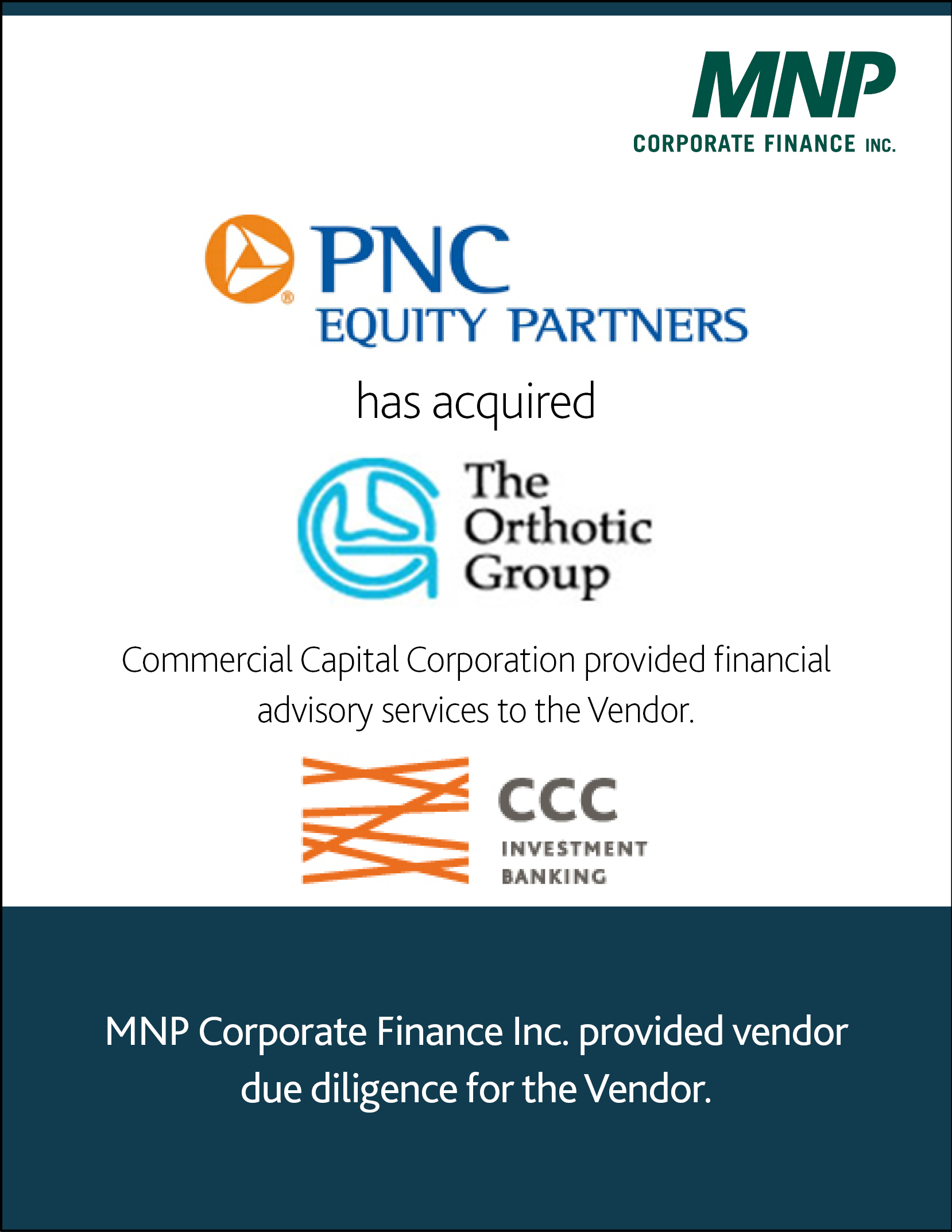 PNC Equity Partners has acquired The Orthotic Group Commercial Capital Corporation provided financial advisory services to the Vendor CCC Investment Banking