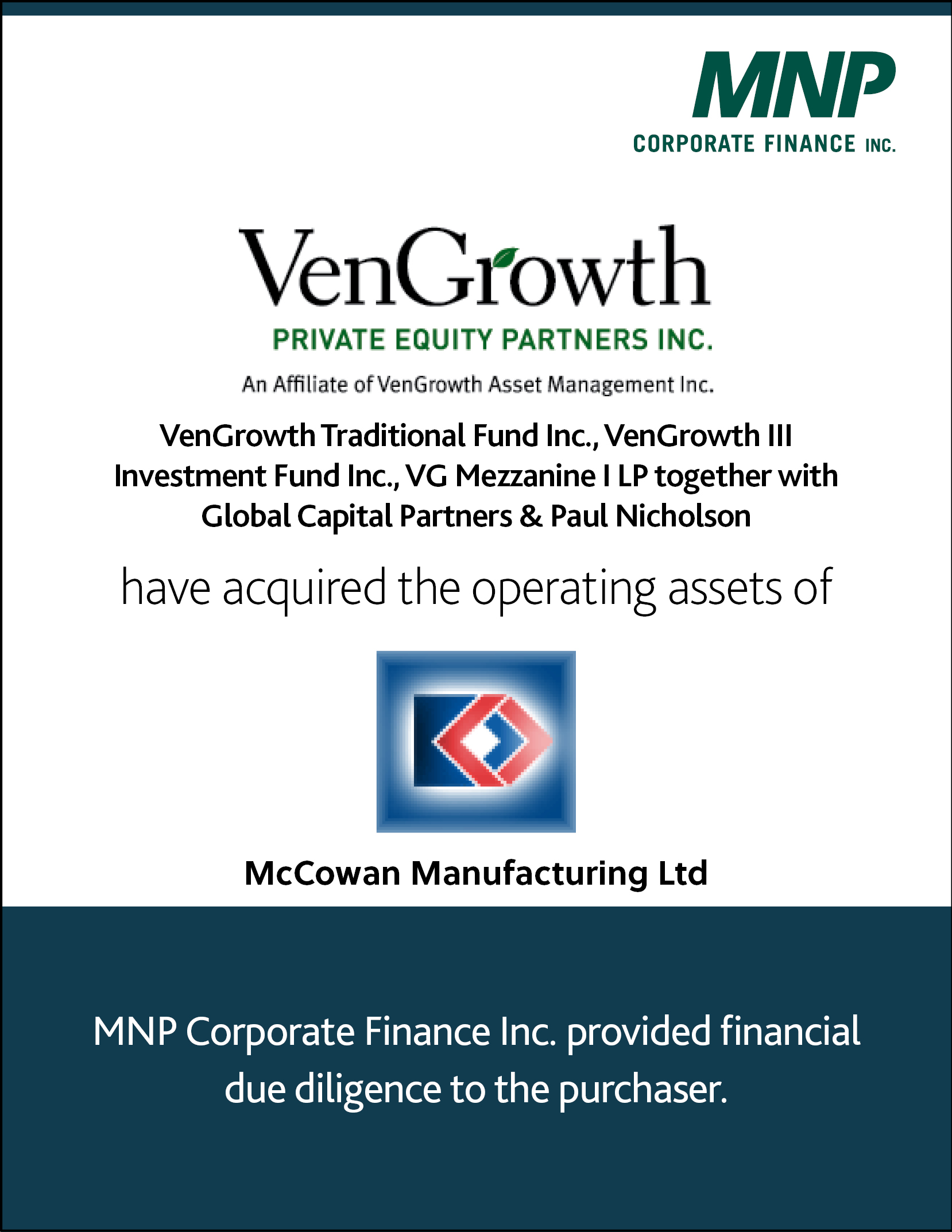 VenGrowth Traditional Fund Inc, VenGrowth III Investment Fund INC., VG Mezzanine I LP together with Global Capital Partners & Paul Nicholson have acquired the operating assets of McCowan Manufacturing Ltd
