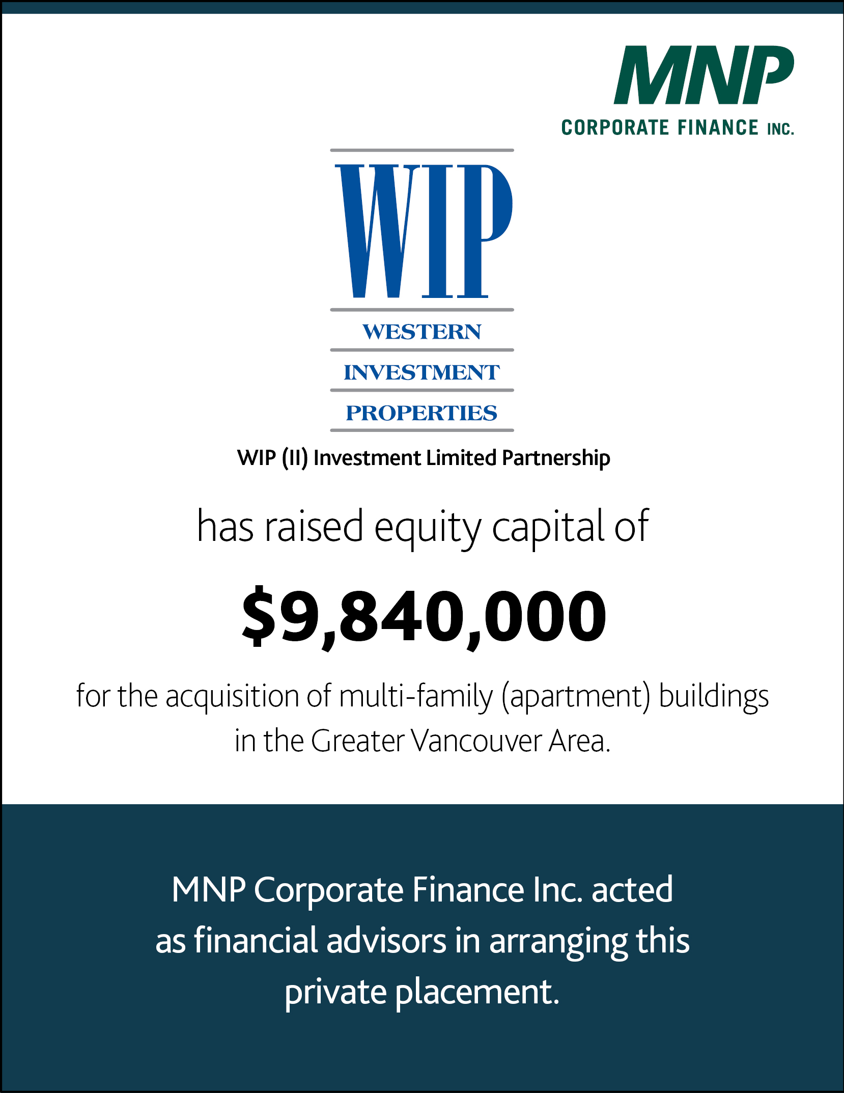 WIP (II) Investment LP has raised equity capital of $9,840,000 for the acquisition of multi-family (apartments) buildings in the Greater Vancouver Area.