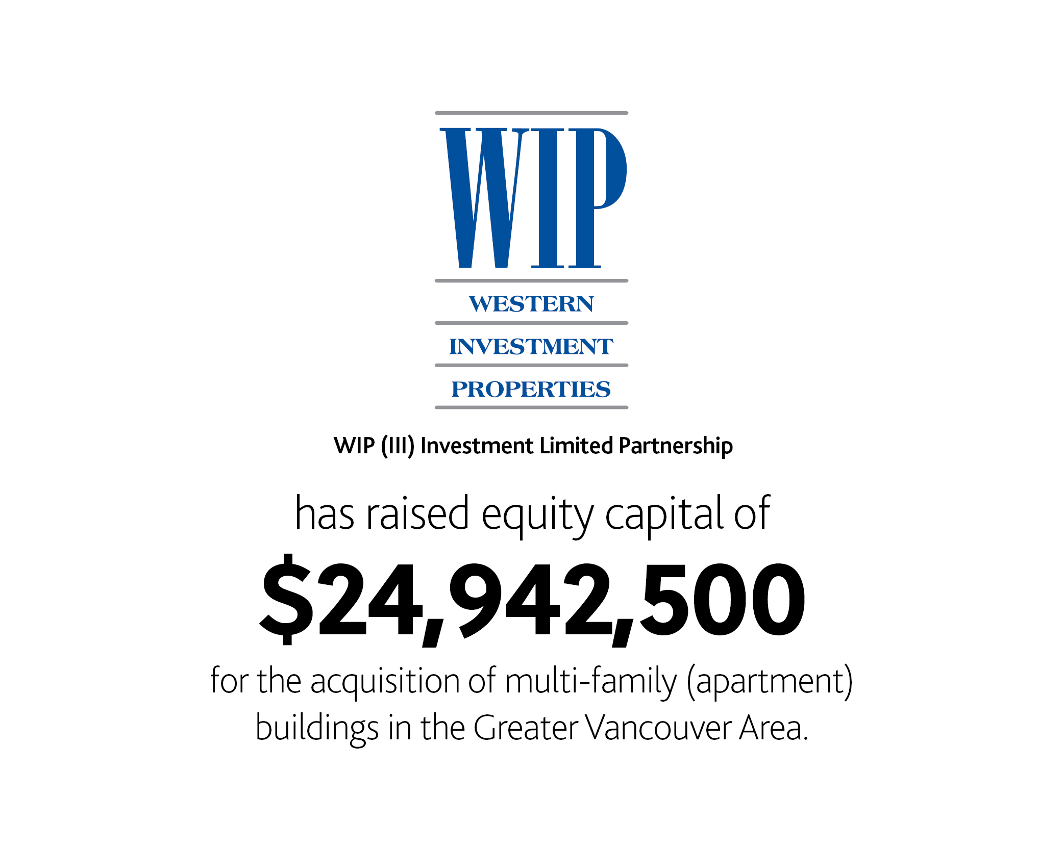 WIP (III) Investment LP has raised equity capital of $24,942,500 for the acquisition of multi-family (apartments) buildings in the Greater Vancouver Area.