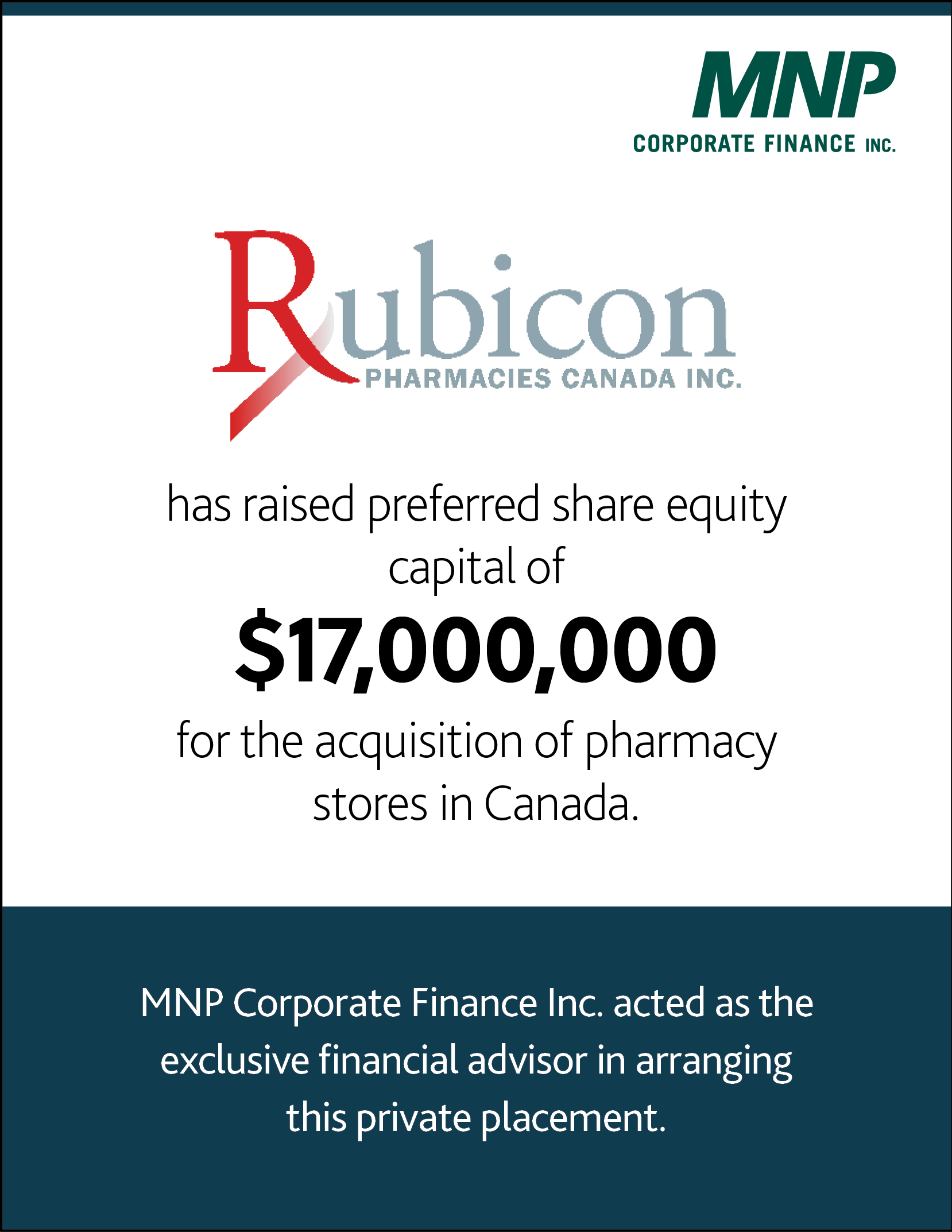 Rubicon Pharmacies Canada Inc. has raised preferred share equity capital of  $17,000,000  for the acquisition of pharmacy stores in Canada.