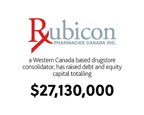 Rubicon Pharmacies Canada Inc a Western Canada based drugstore consolidator has raised debt and equity capital totaling $27,130,000