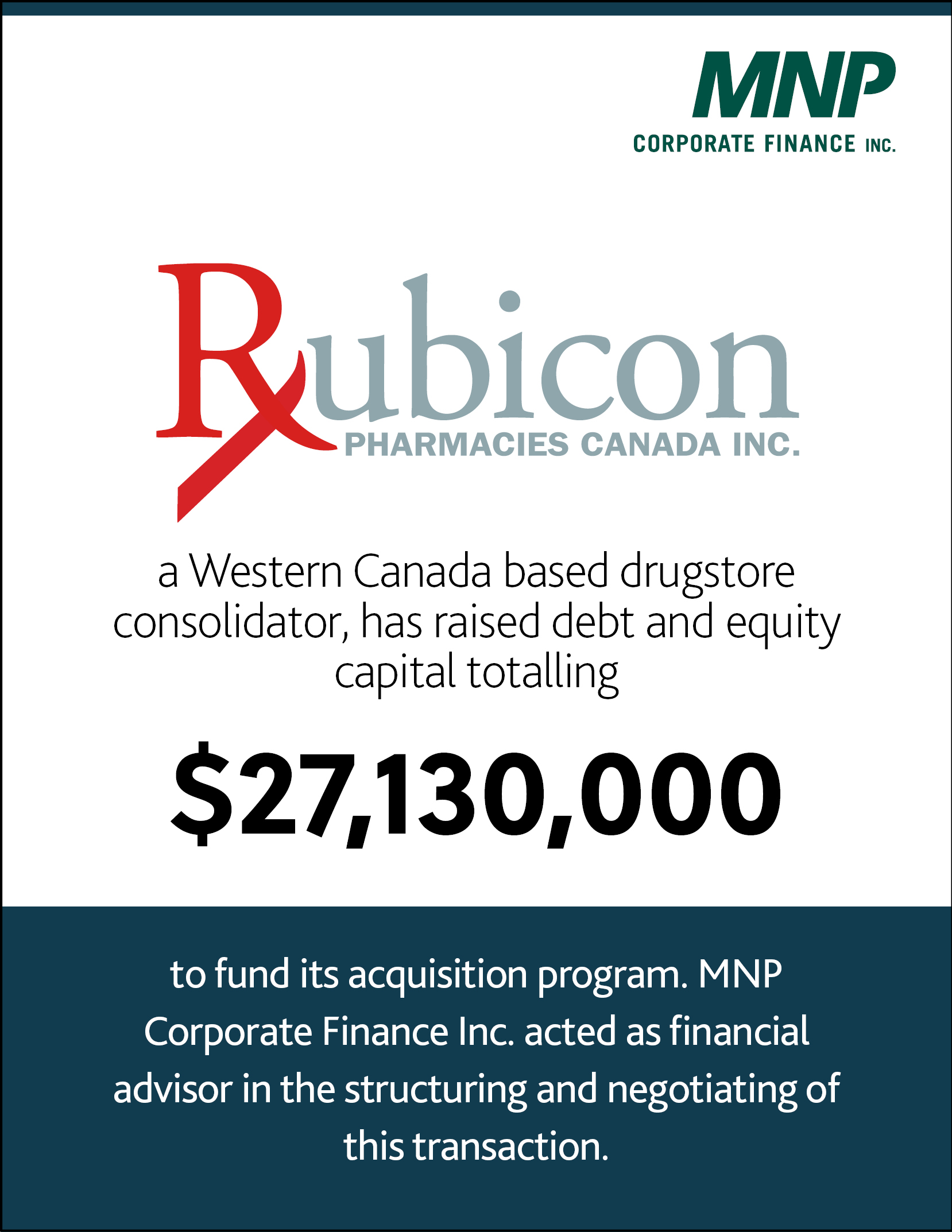 Rubicon Pharmacies Canada Inc a Western Canada based drugstore consolidator has raised debt and equity capital totaling $27,130,000