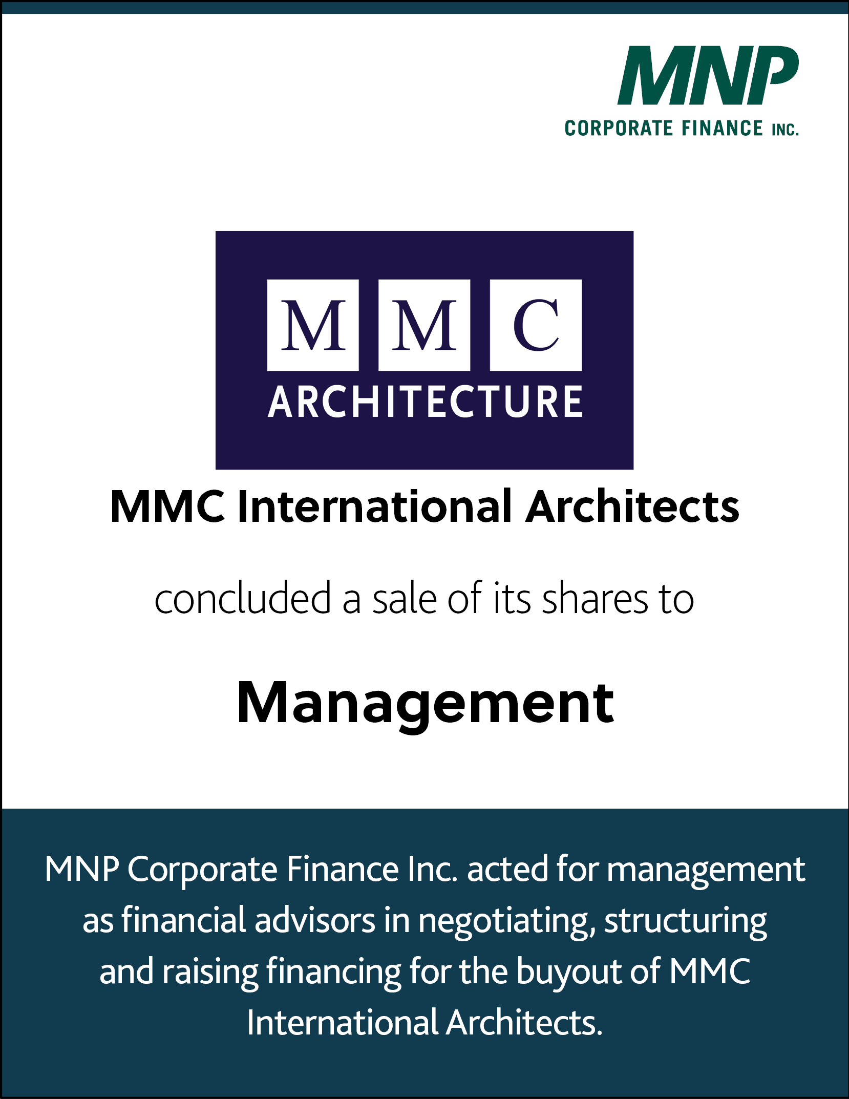 MMC International Architects concluded a sale of its shares to Management
