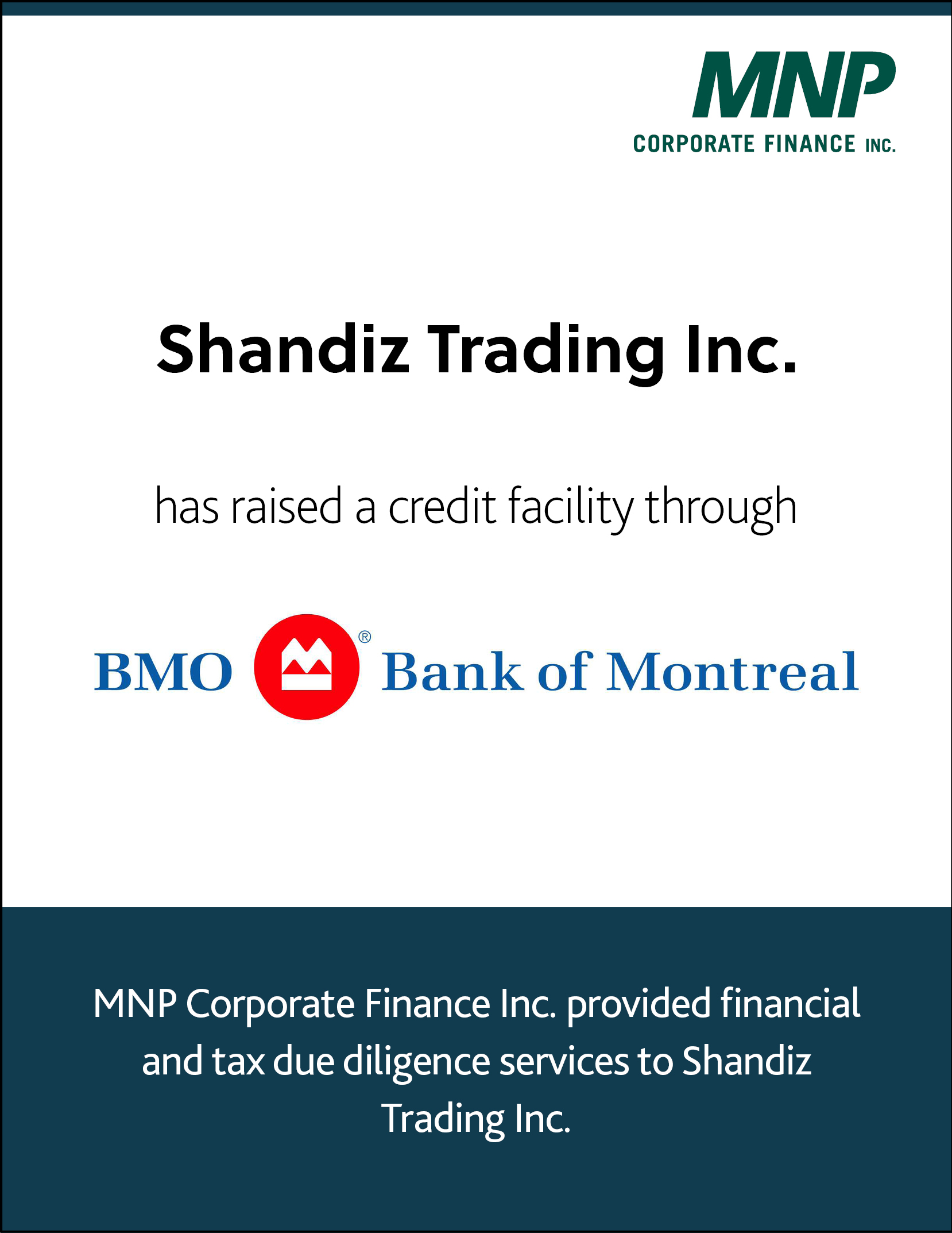Shandiz Trading Inc has raised a credit facility through BMO Bank of Montreal