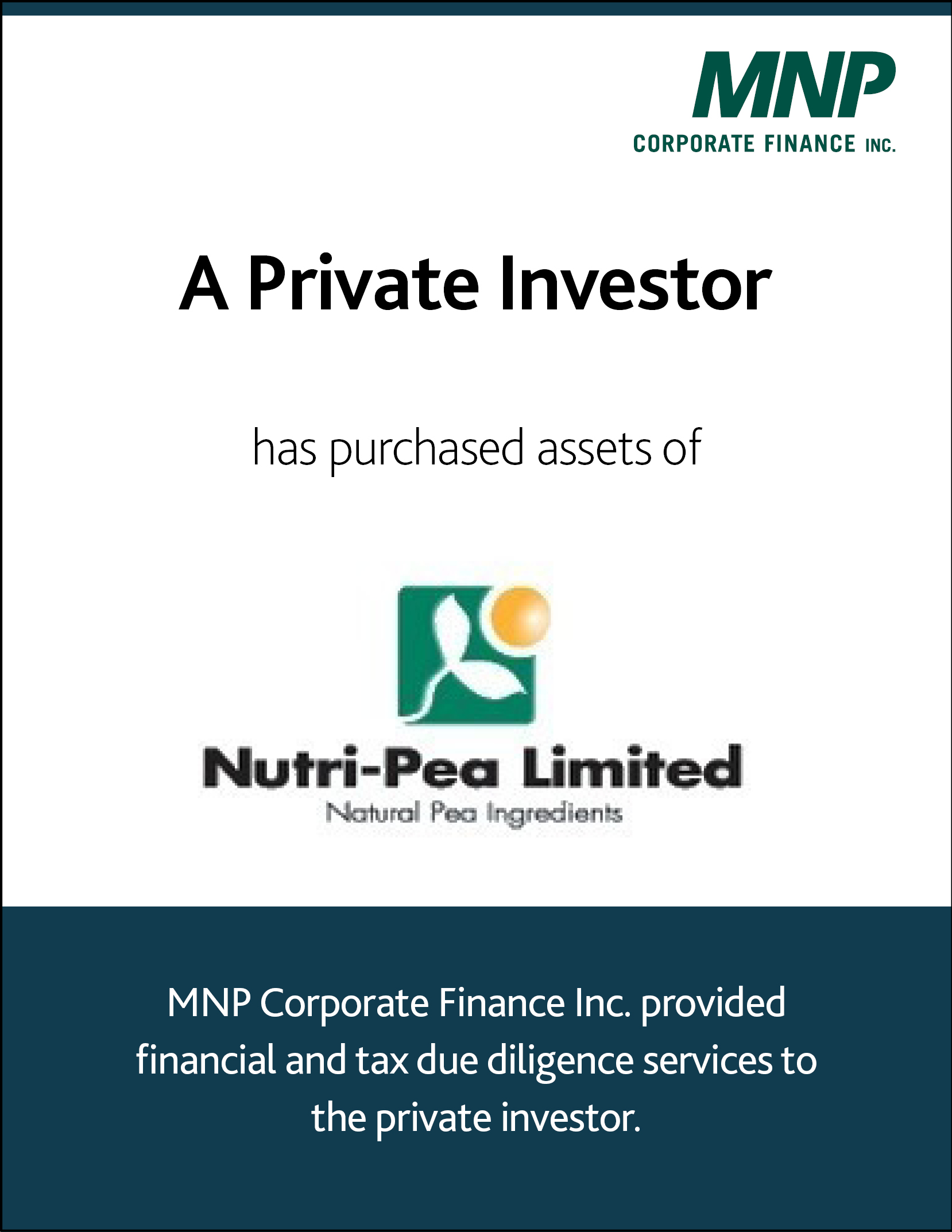 A private Investor has purchased assets of Nutri-Pea Limited