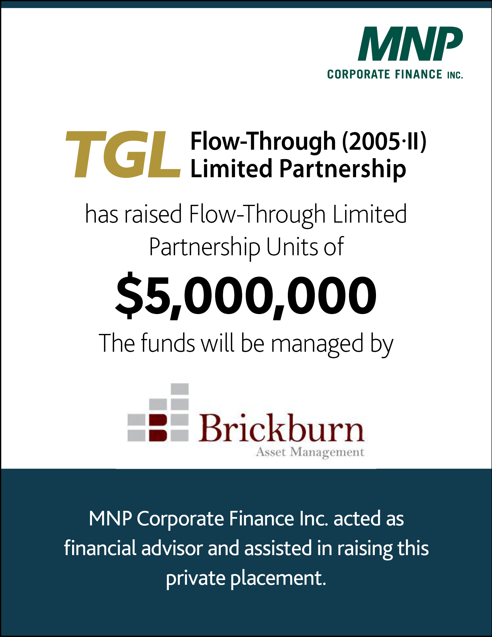 TGL Flow-Through (2005-II) has raised Flow-Through Limited Partnership Units of $5,000,000 The funds will be managed by Brickburn Asset Management 