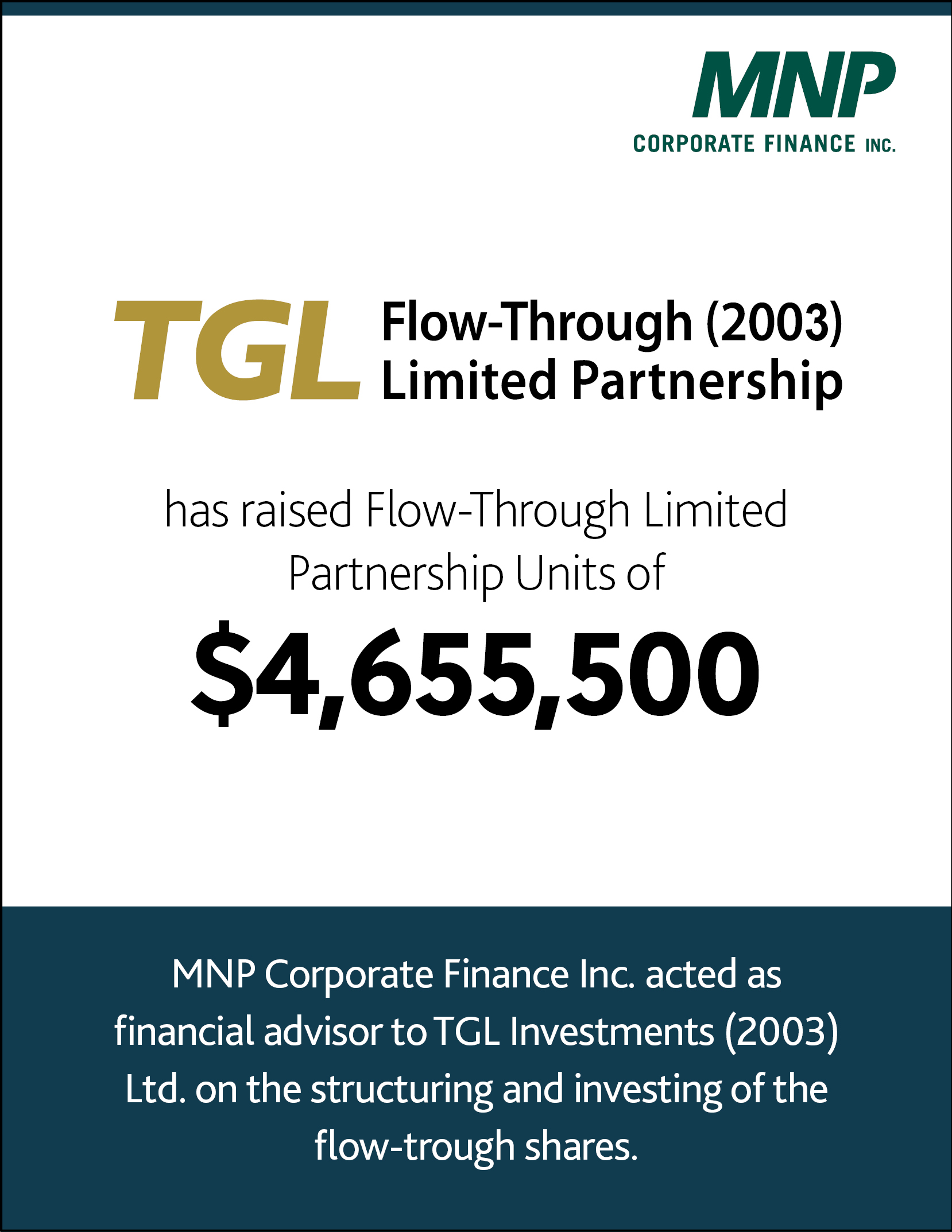 TGL Flow-Through (2003) Limited Partnership has raised Flow-Through Limited Partnership Units of $4,655,500