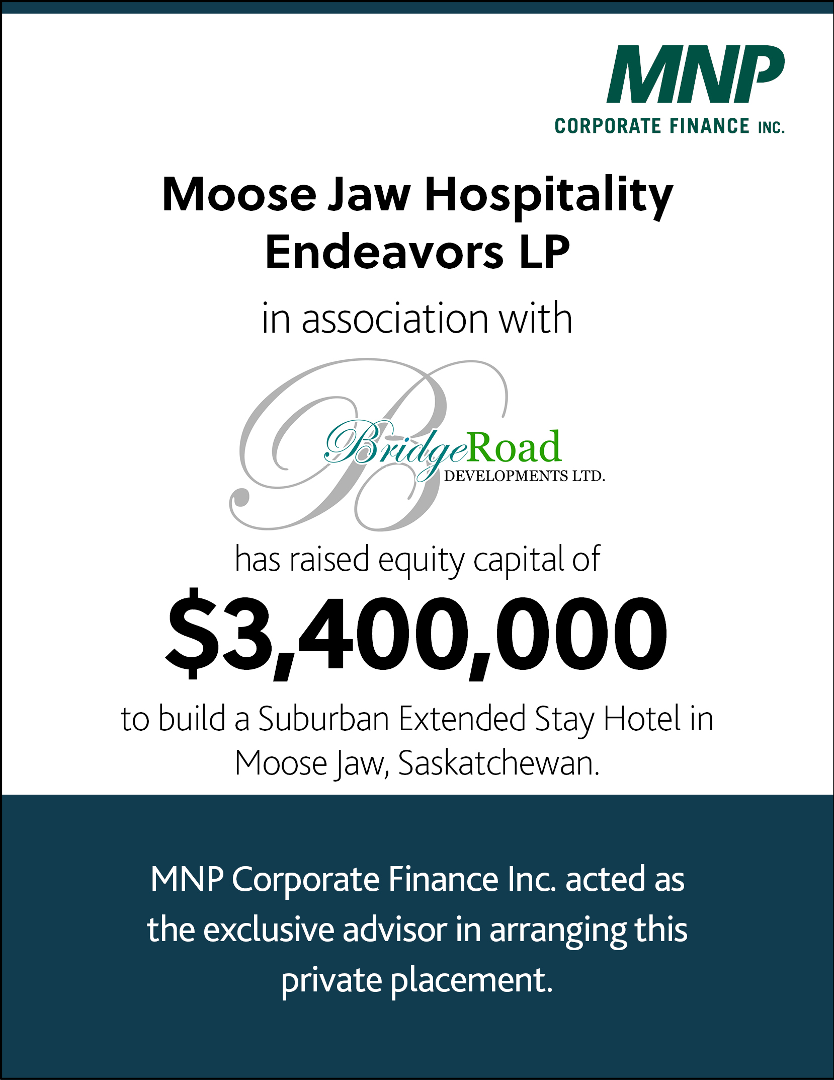 Moose Jaw Hospitality Endeavors LP in association with Bridge Road Developments Ltd. had raised equity capital of $3,400,000 to build a suburban extended stay hotel in Moose Jaw, Saskatchewan