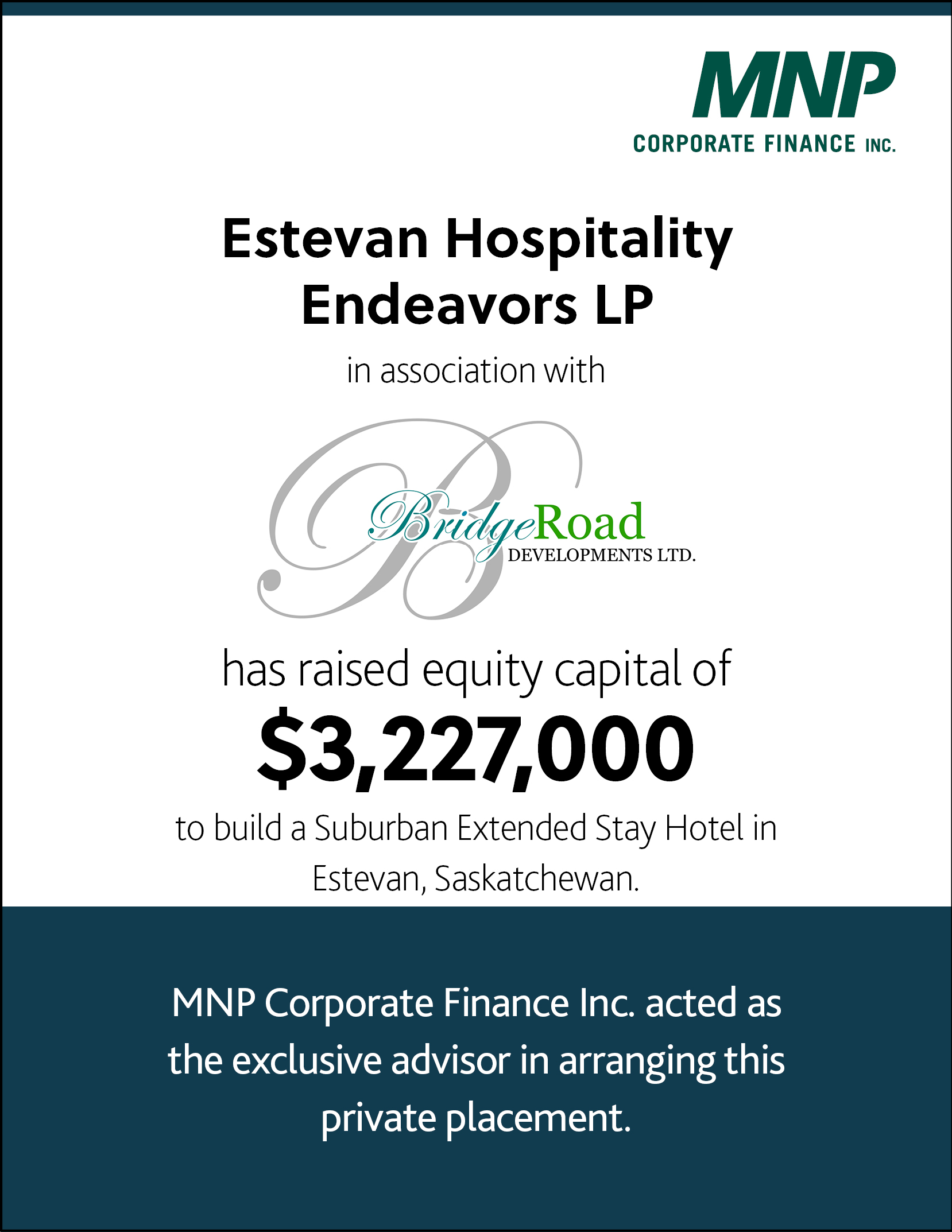Estevan Hospitality Endeavors LP in association with BridgeRoad Developments has raised equity capital of $3,227,000 to build a Suburban Extended Stay Hotel in Estevan, Saskatchewan