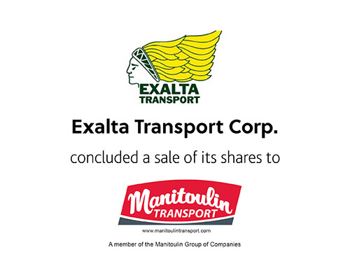 Exalta Transport Corp concluded a sale of its shares to Manitoulin Transport