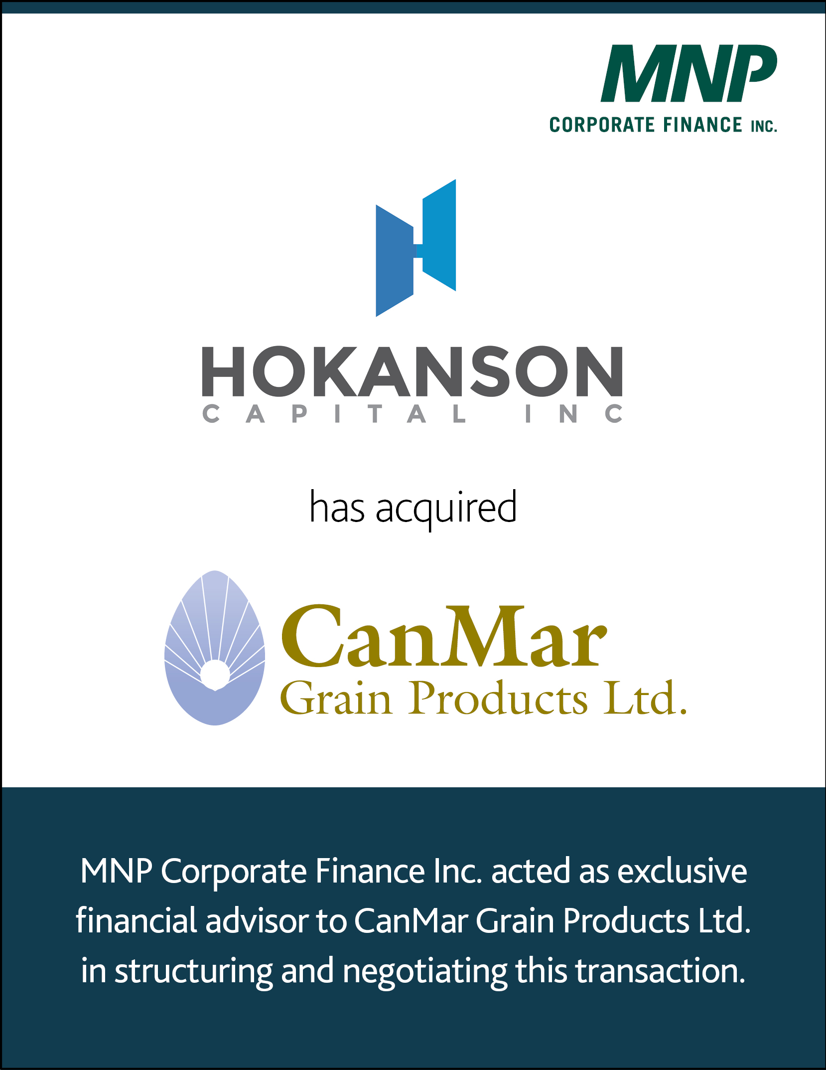Hokanson Capital Inc. has acquired CanMar Grain Products Ltd.
