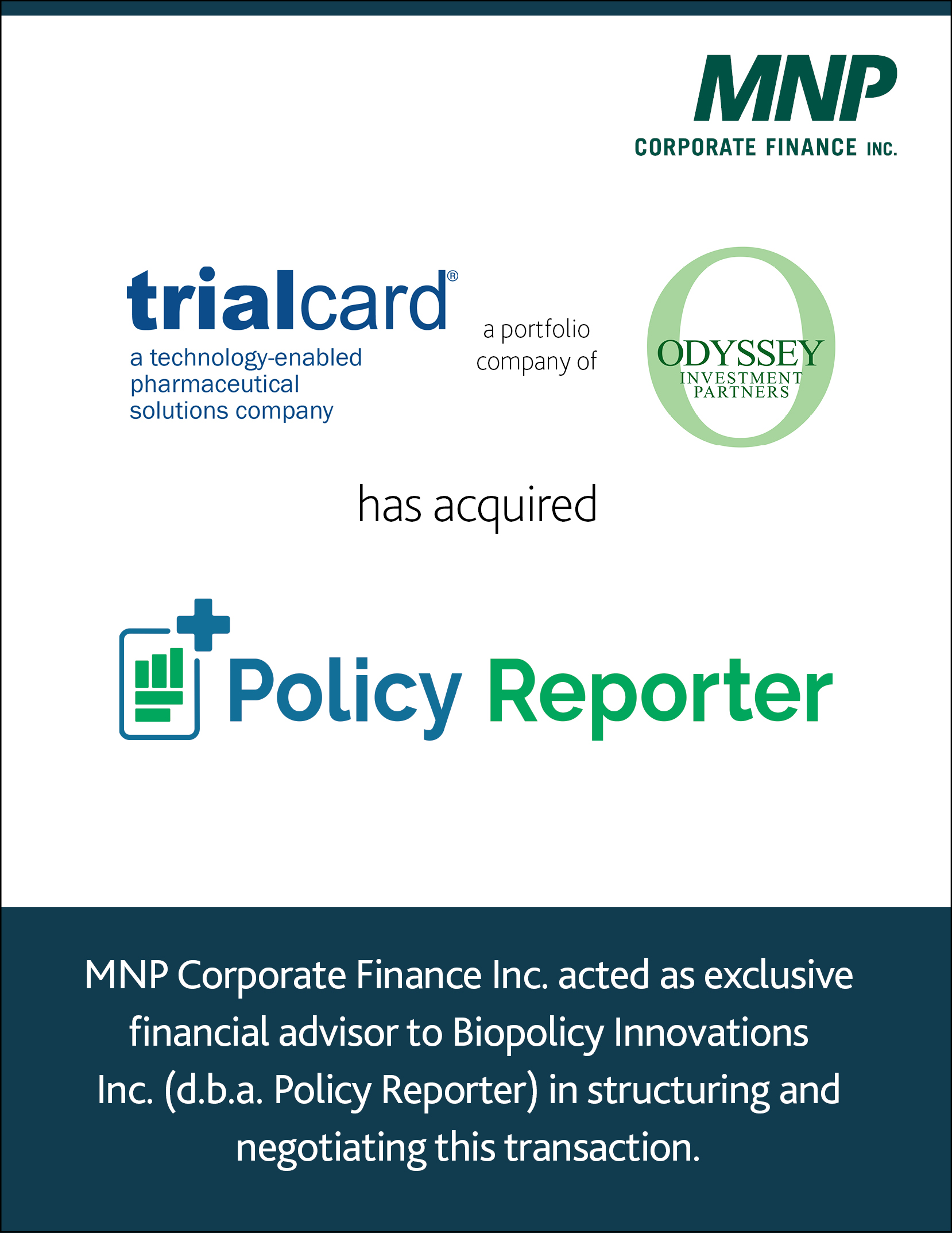 TrialCard Inc. a portfolio company of Odyssey Investment Partners LLC has acquired Biopolicy Innovations Inc.