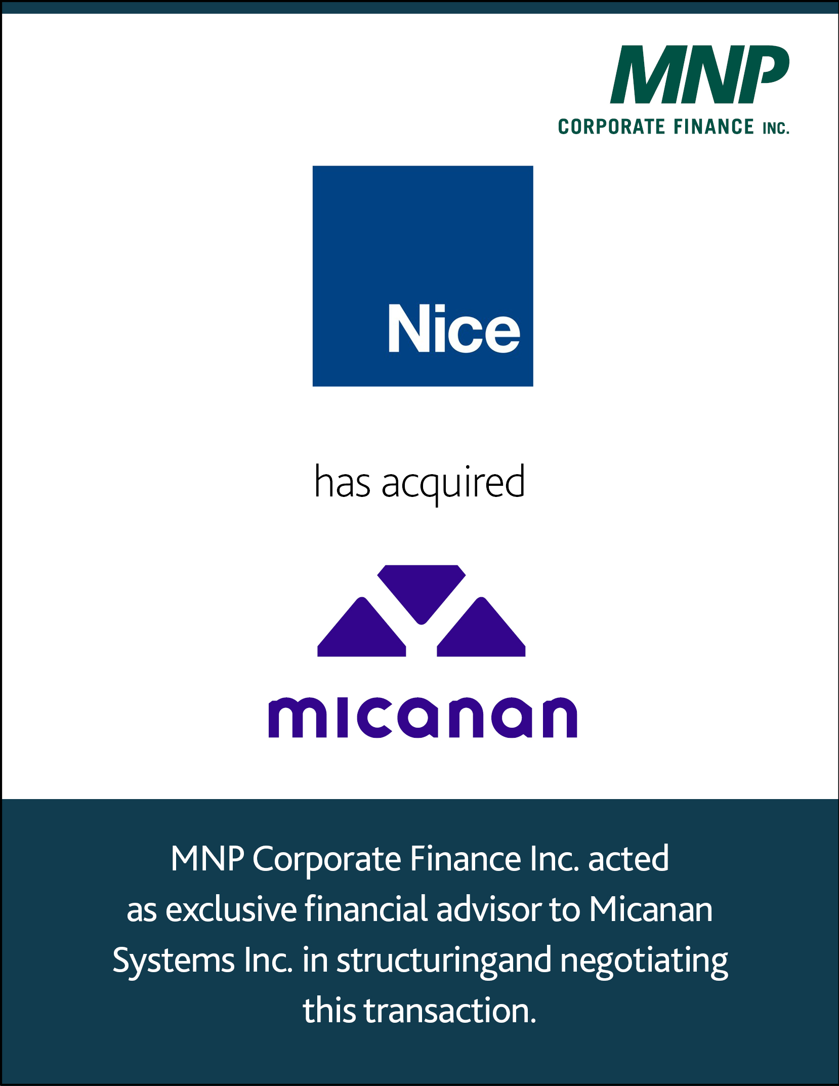 NICE S.p.A. has acquired Micanan Systems Inc.