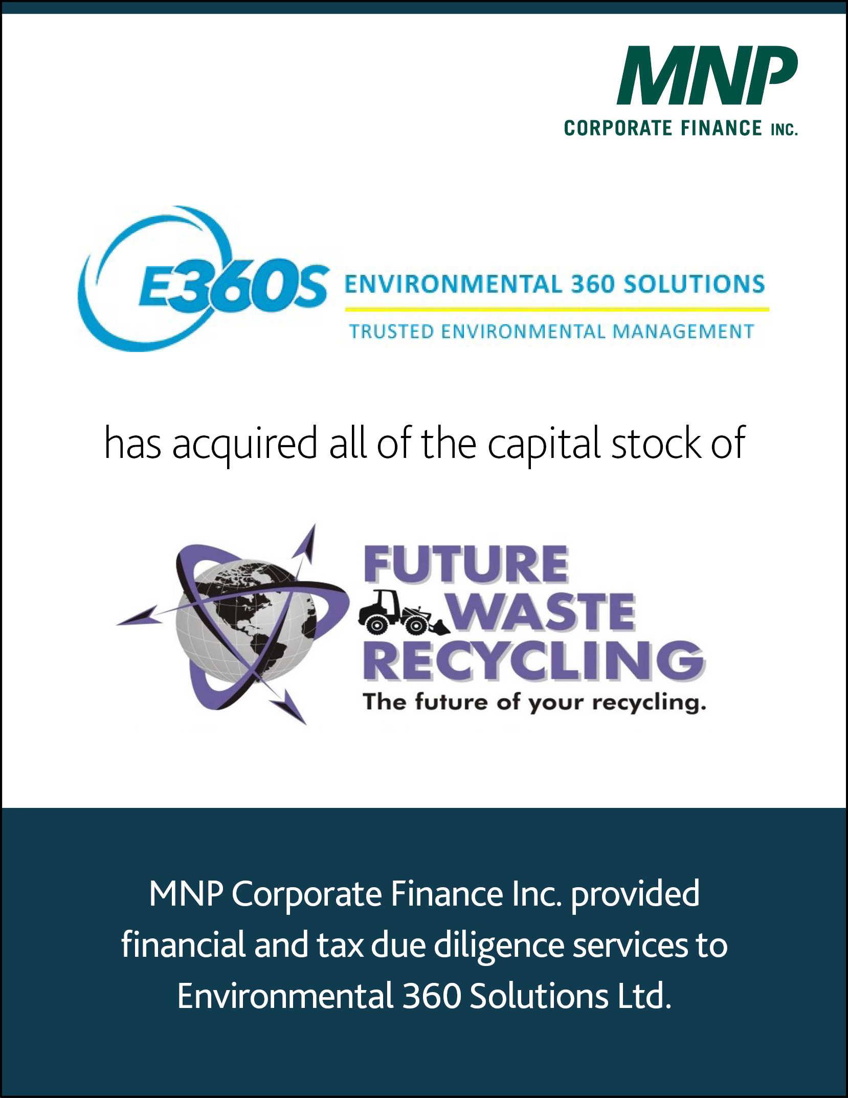 Environmental 360 Solutions has acquired all of the capital stock of Future Waste Recycling 