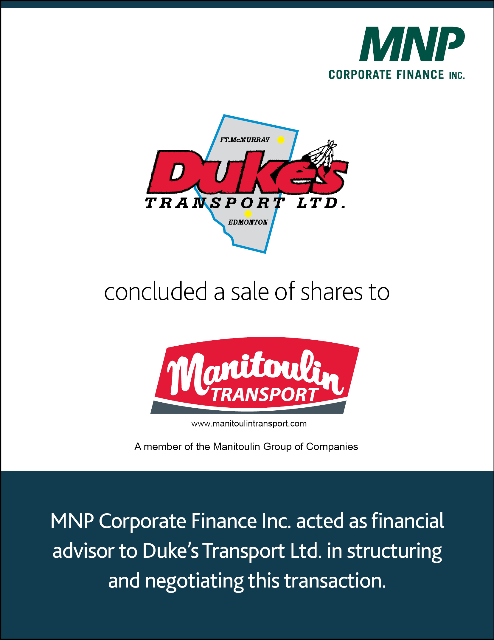 Dukes Transport Ltd concluded a sale of shares to Manitoulin Transport