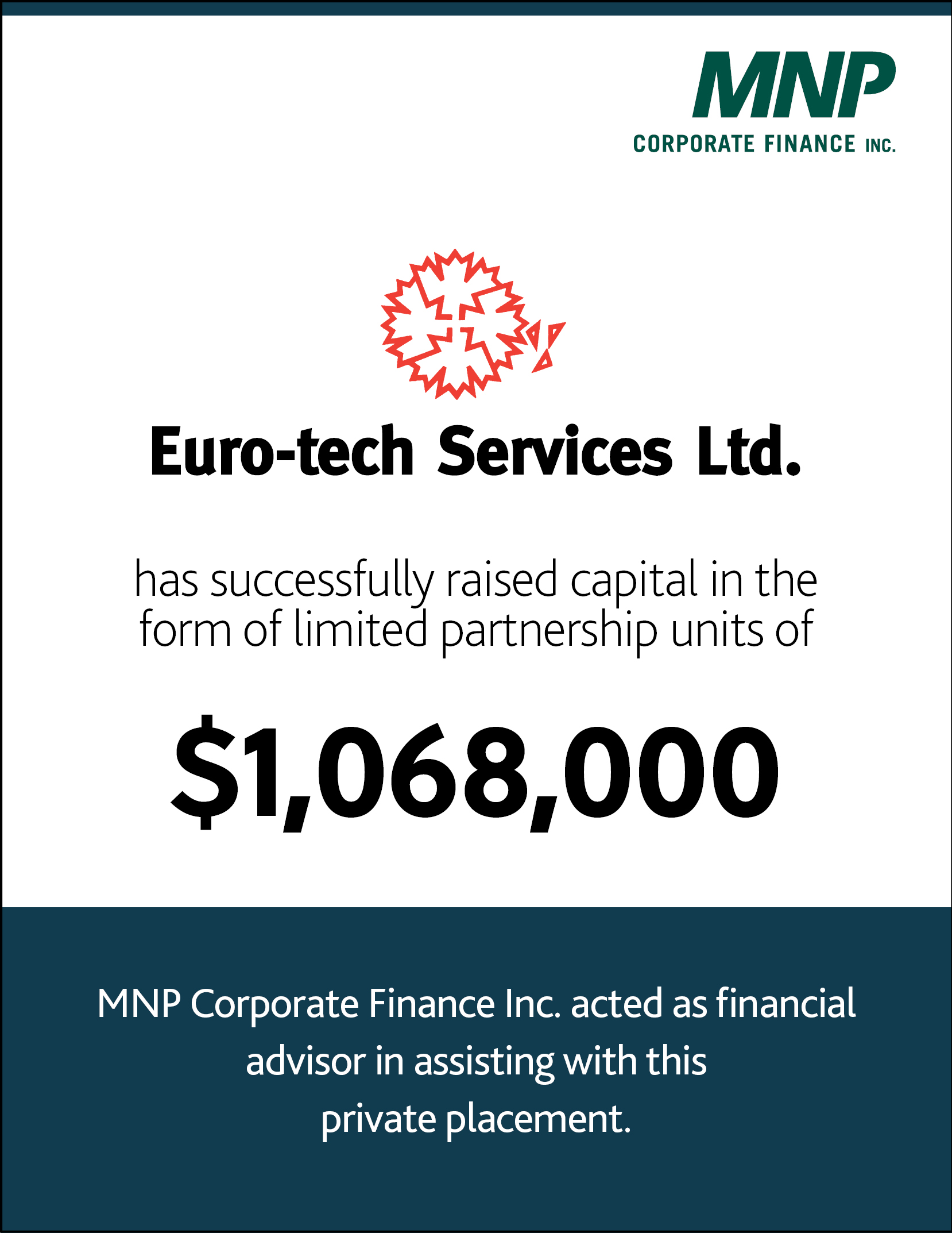 Euro-Tech Service Ltd has successfully raised capital in the form of limited partnership units of $1,068,000