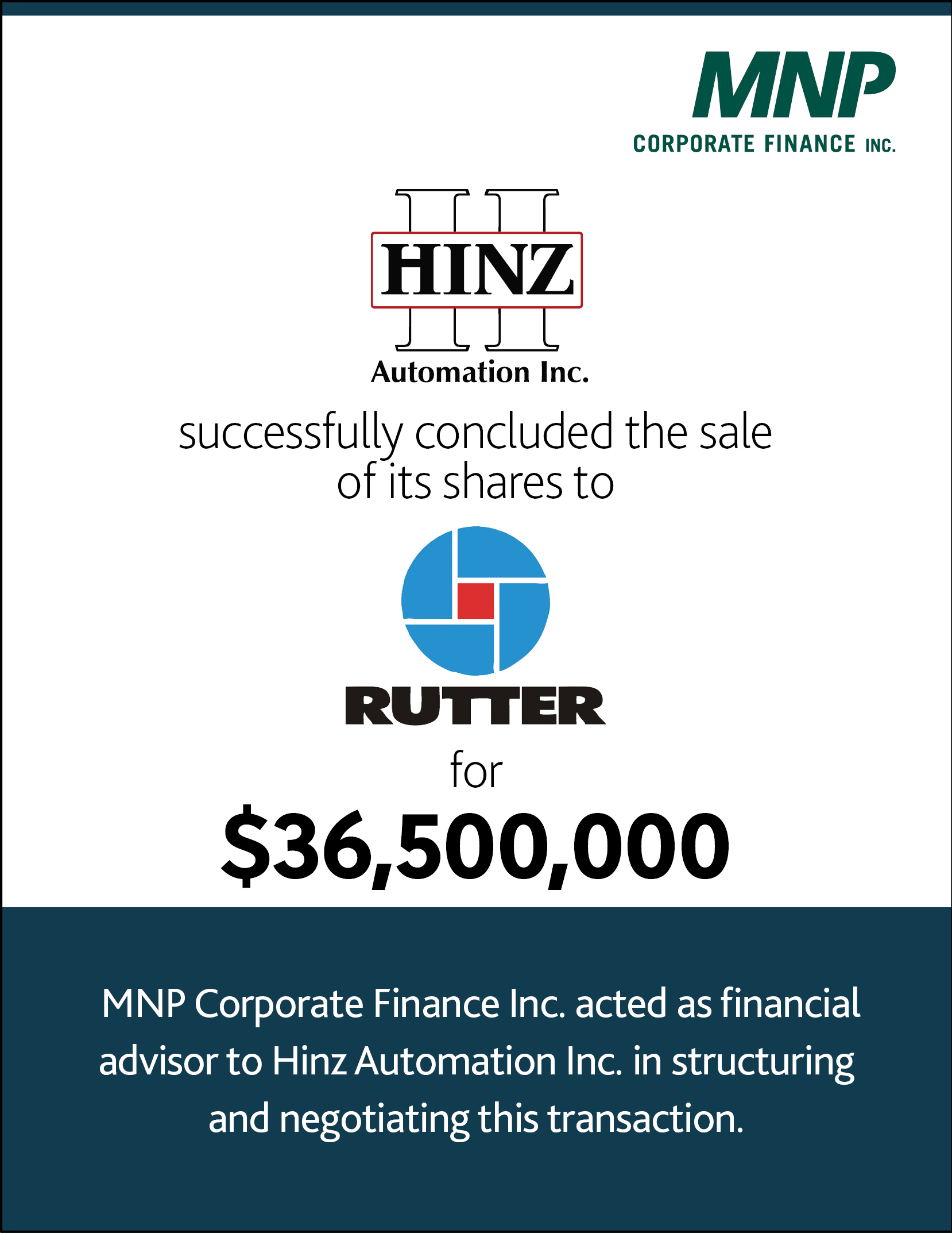 Hinz Automation Inc. successfully concluded the sale of its shares to Rutter for $36,500,000