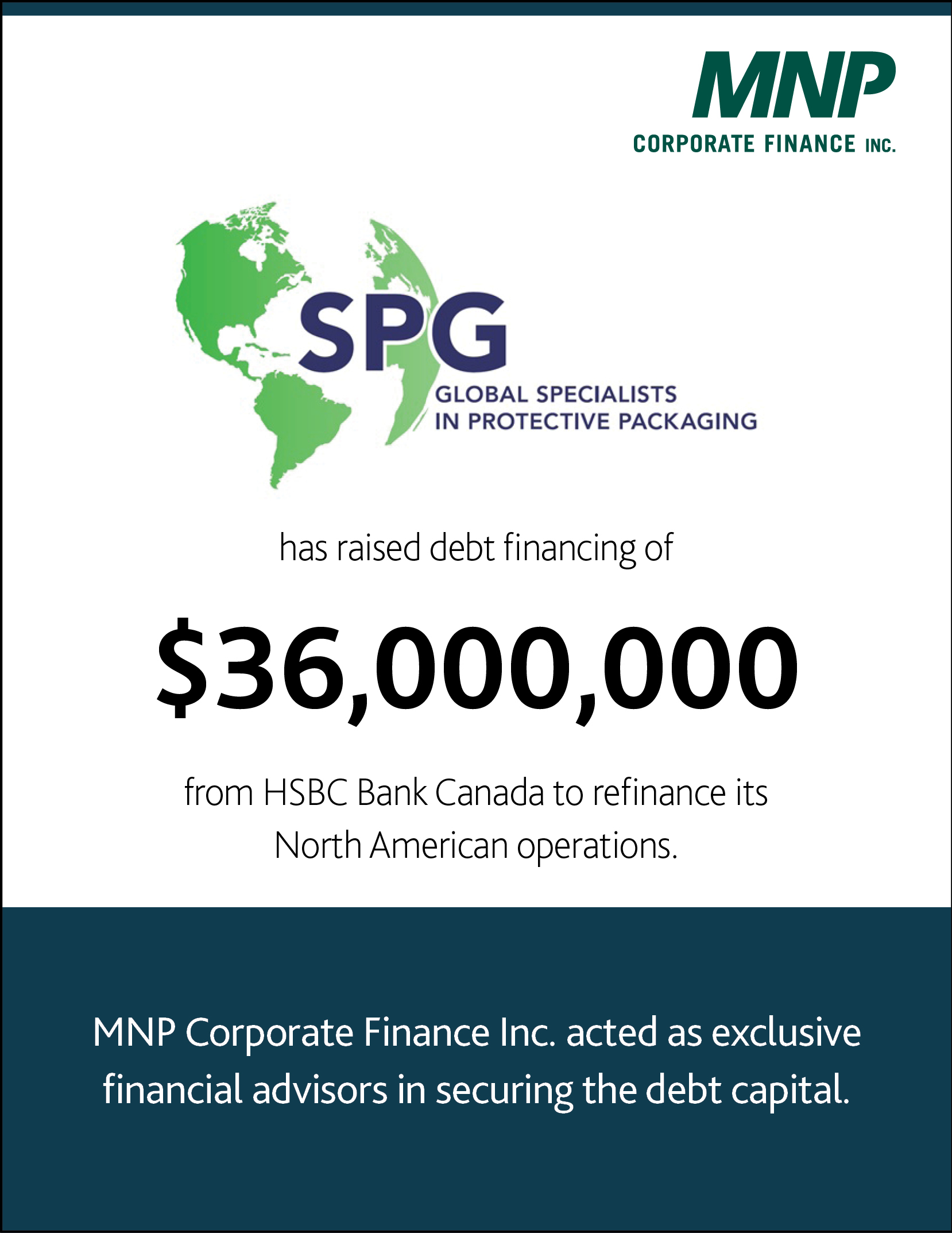 Specialized Packaging Group L.P. has raised debt financing of $36,000,000 from HSBC Bank Canada to refinance its North American operations.