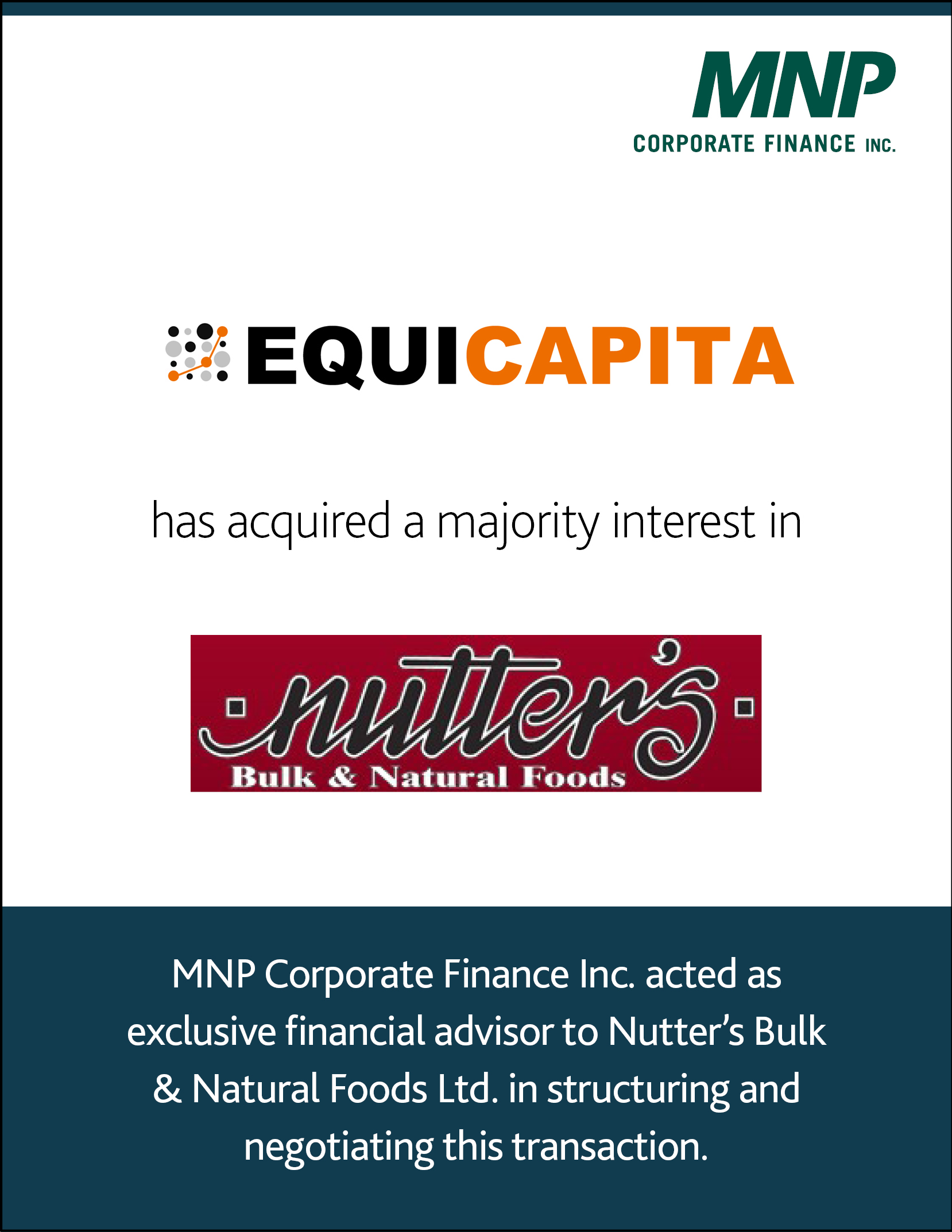 Equicapita Income Trust has acquired a majority interest in Nutter's Bulk & Natural Foods Ltd.
