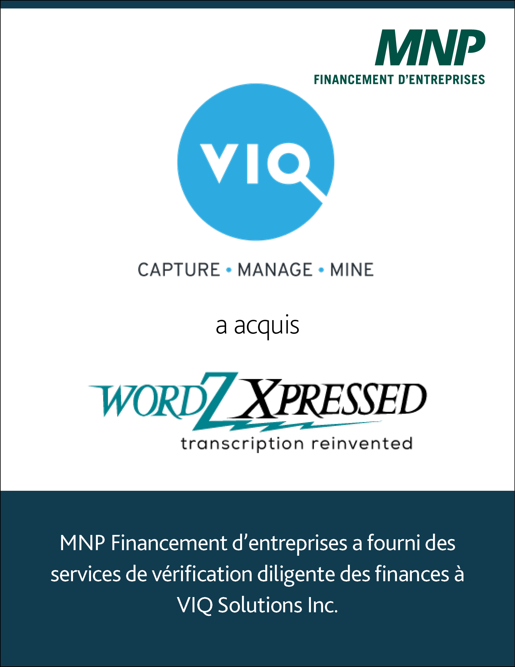 VIQ Solutions Inc. a acquis wordZXpressed, Inc.
