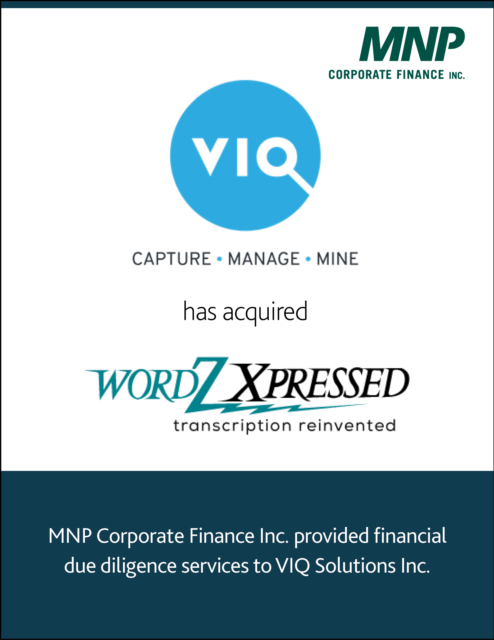 VIQ Solutions Inc. has acquired wordZXpressed, Inc.