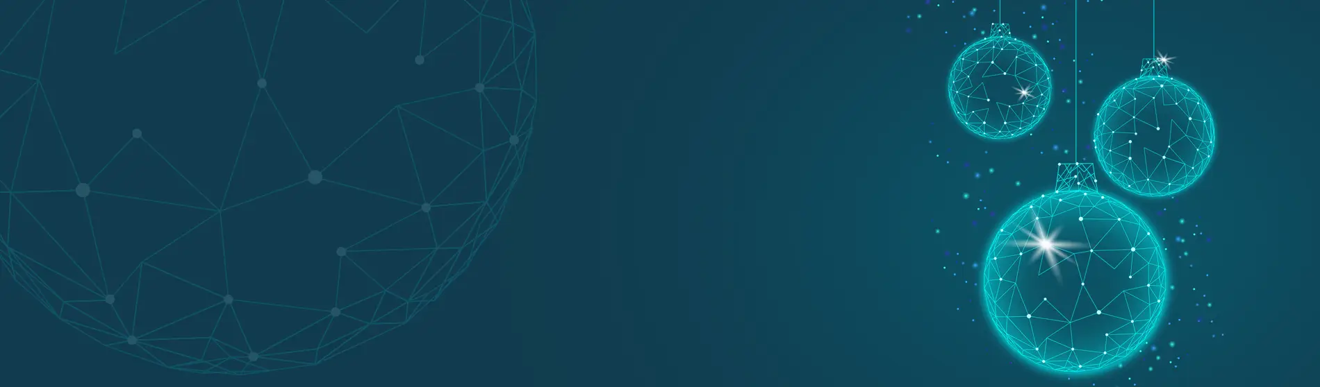 A futuristic representation of blockchain technology and holiday ornaments, showcasing interconnected nodes and digital data flow.