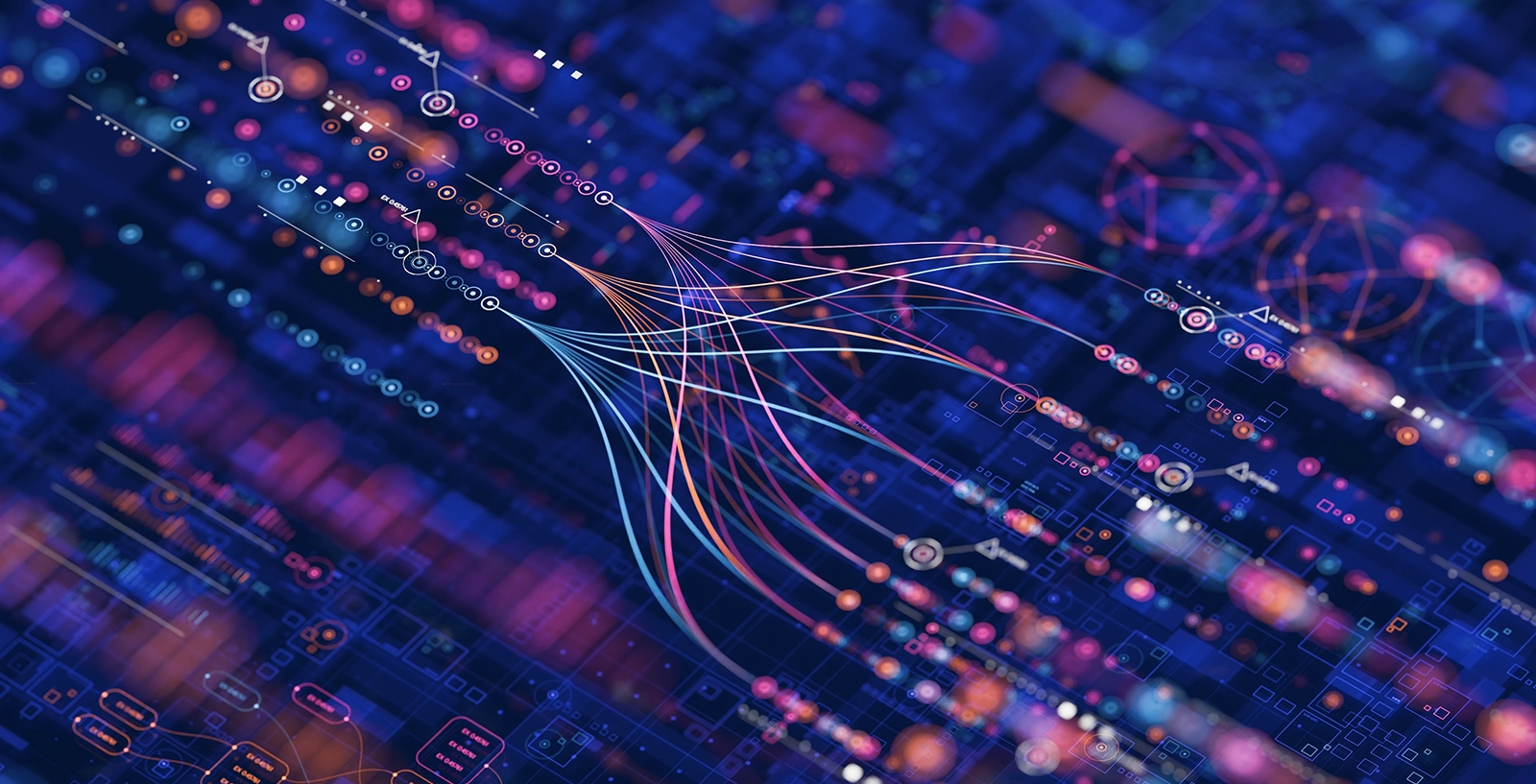 Abstract colorful data flow and connections on a dark blue background.