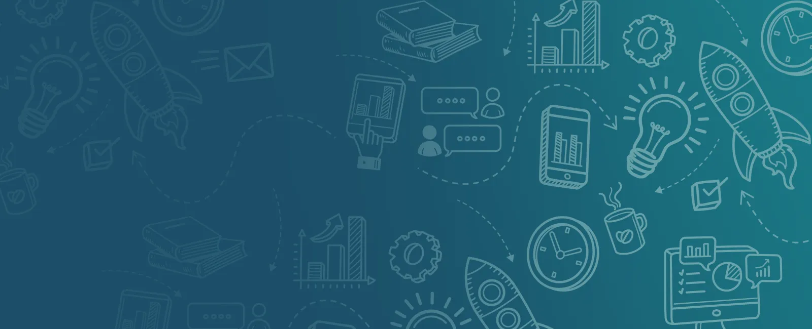 Blue background with white transparent icons that represent time and work processes.