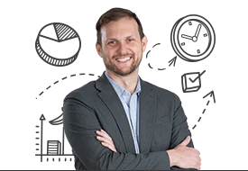 Headshot of Mathieu Boileau with business icons surrounding him.