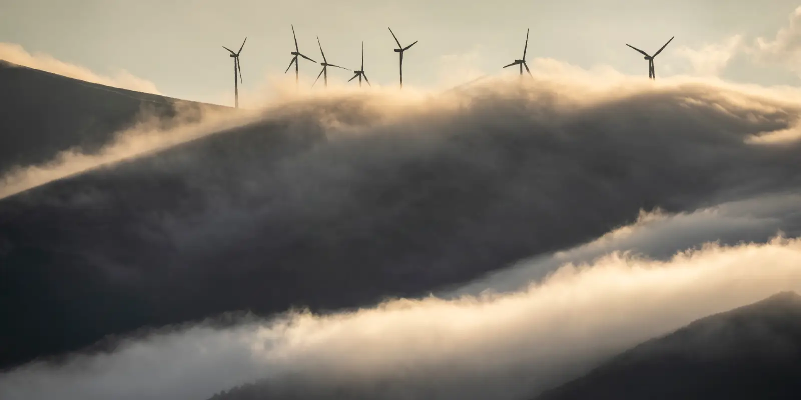 Éoliennes sur une colline brumeuse.