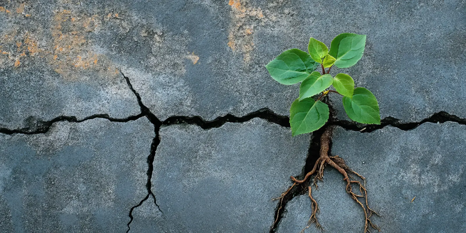 Small plant growing through cracked concrete.